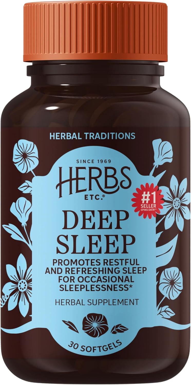 Herbs Etc. Deep Sleep Softgels - Holistic Bedtime Supplement for Calming Sleep Aid - Chamomile, Lemon Balm Extract & Passionflower - Melatonin-Free, Gluten-Free & Organic - 30 Count (30 Servings)
