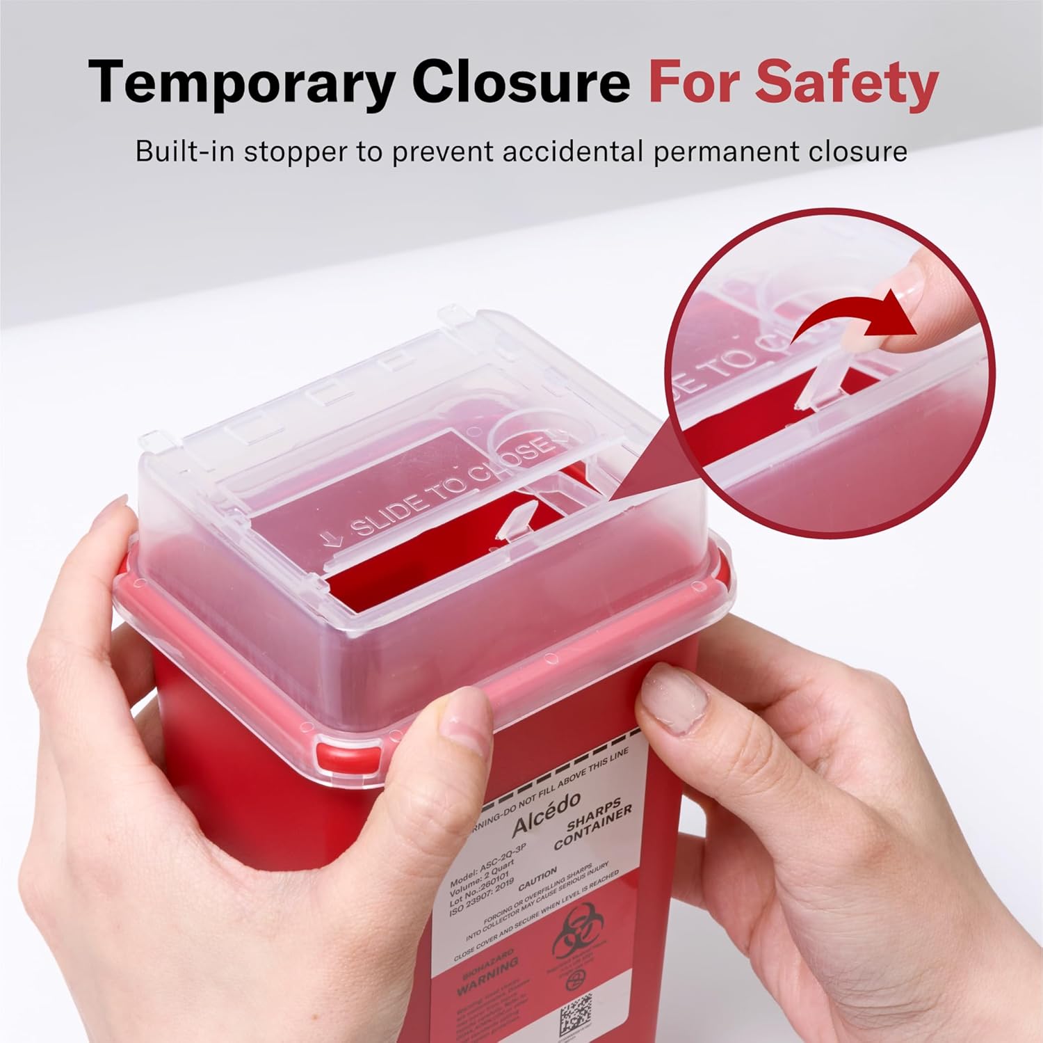 Alcedo Sharps Container 2 Quart (1-Pack) for Home Use & Travel Disposal | Small & Portable, Convenient Handle, Built-In Needle Removal Port, Temporary Safety Closure, Clear Lid - Image 4