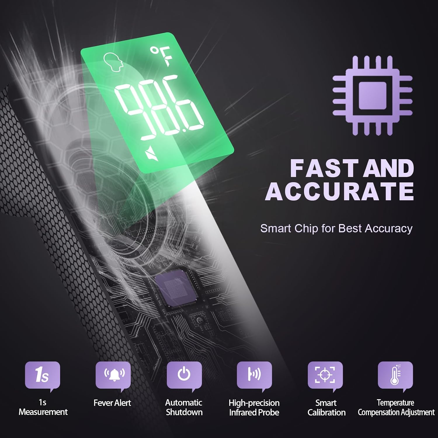 No-Touch Thermometer for Adults, Kids, Babies, 1-Sec Fast Accurate (Purple) | Fever Alarm, Large LCD with 3-Color Backlight, Silent Mode, 35-Reading Memory, Forehead & Object Mode, for Home & Clinic - Image 4