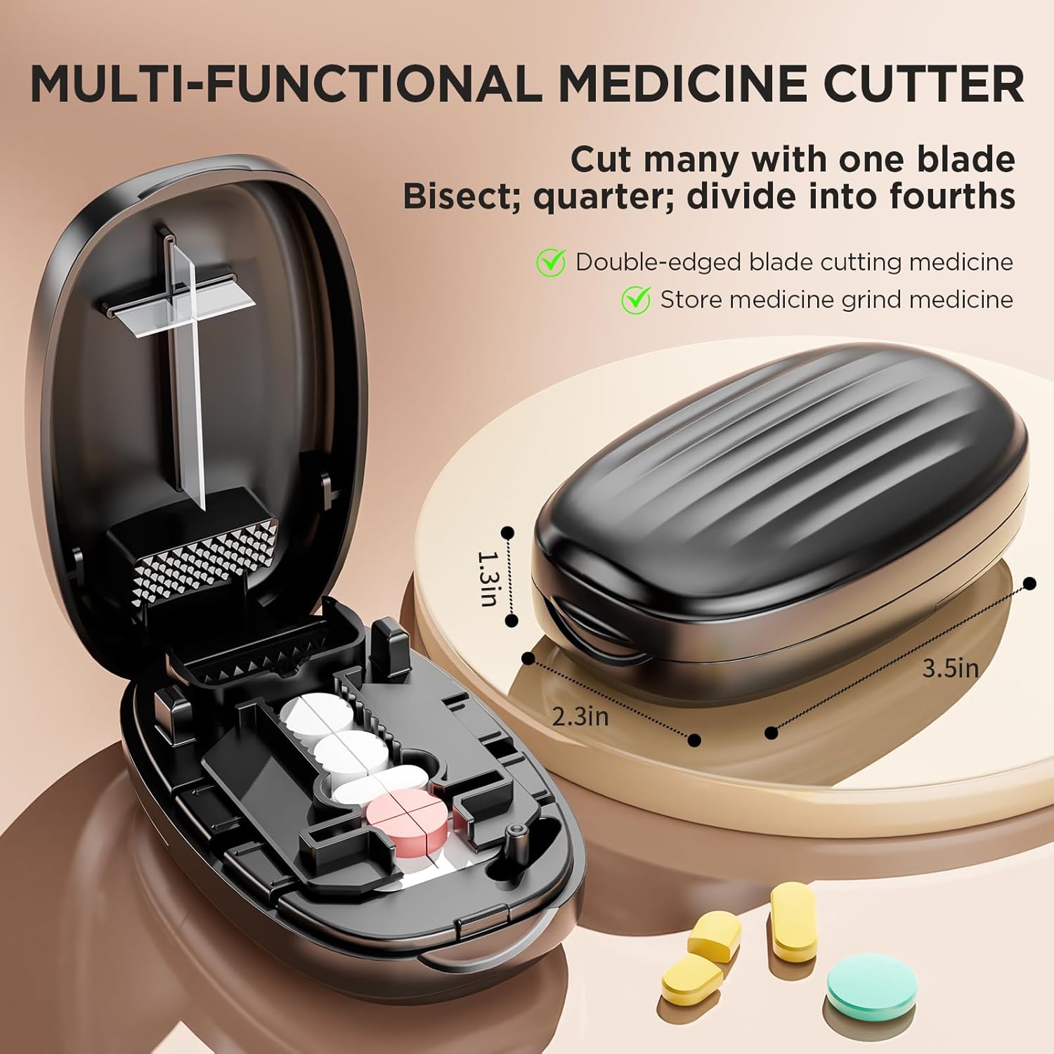 Pill Cutter Splitter for Small and Tiny Pills, 1/2 1/4 Pill Splitter for Small Pills,Vitamins, Tablets in Half or Quarters, Accurate and Easy Cutting, Stainless Steel Blade, Back Storage (Black) - Image 3