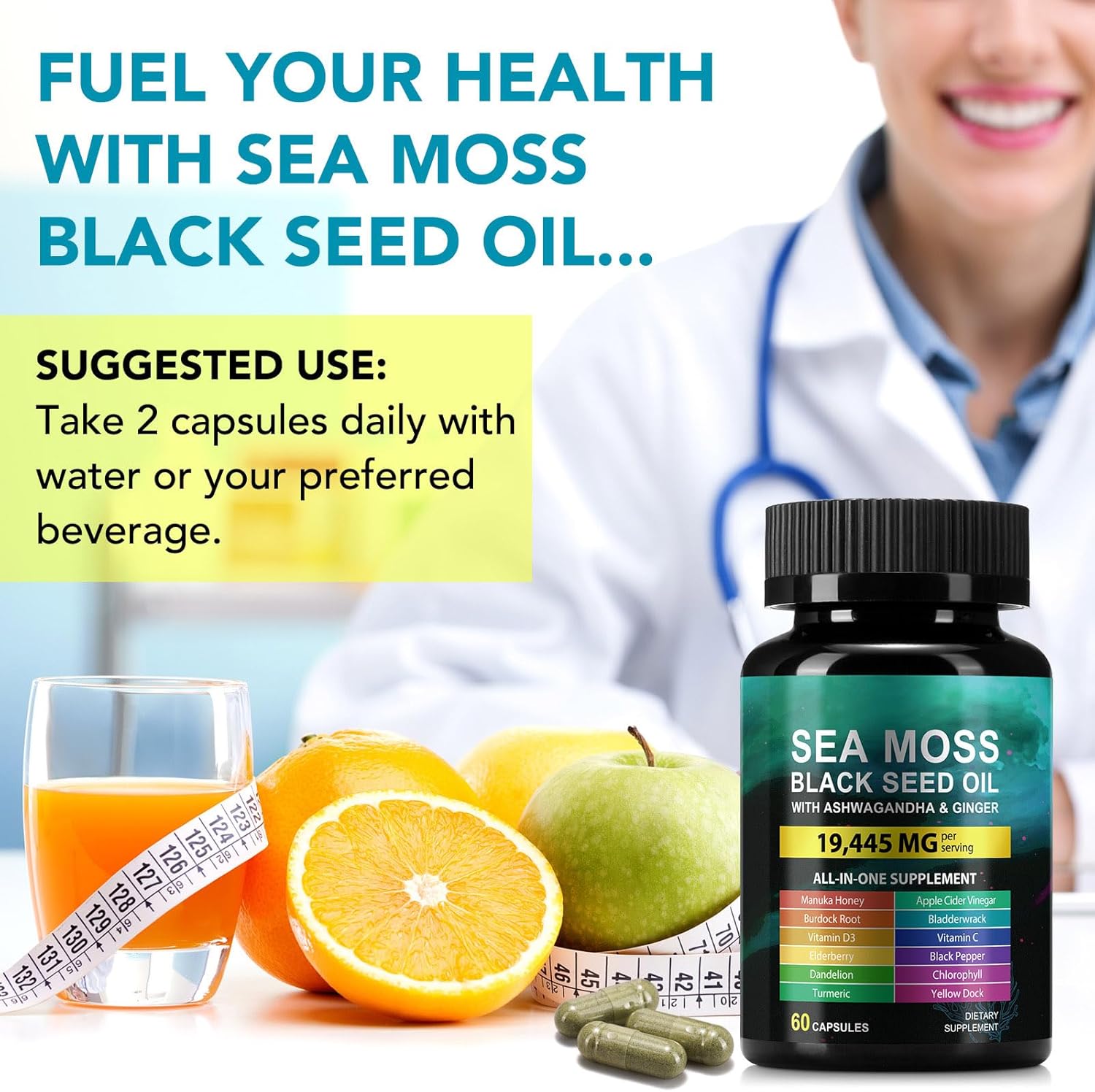Sea Moss Black Seed Oil Ashwagandha Ginger, Sea Moss Capsule Supplement with Turmeric Burdock Root Bladderwrack Vitamin C Vitamin D3 Enhanced Immunity & Energy Black Seed Oil Capsule 60 Count - Image 7