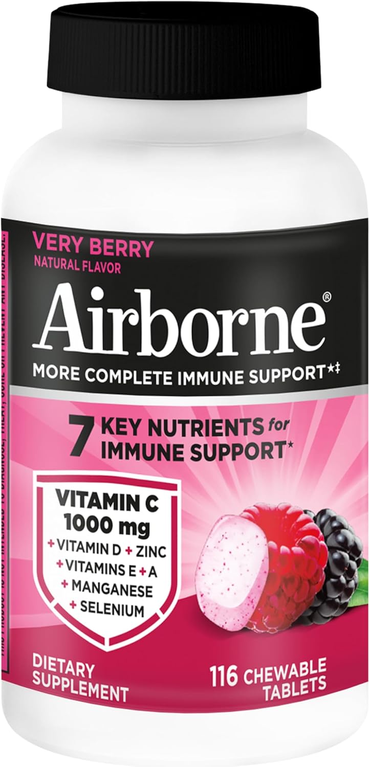 Airborne Very Berry Chewable Tablets, 116ct | Immune Support Supplement with 1000mg Vitamin C + Vitamins A, D, E, Zinc,Selenium, & Manganese | Herbal Blend | Gluten Free | Antioxidants Vitamins A, D & E + Zinc, Selenium, and Manganese, Herbal Blend, Multivitamin Supplements, Immune Health, Tasty - Image 12