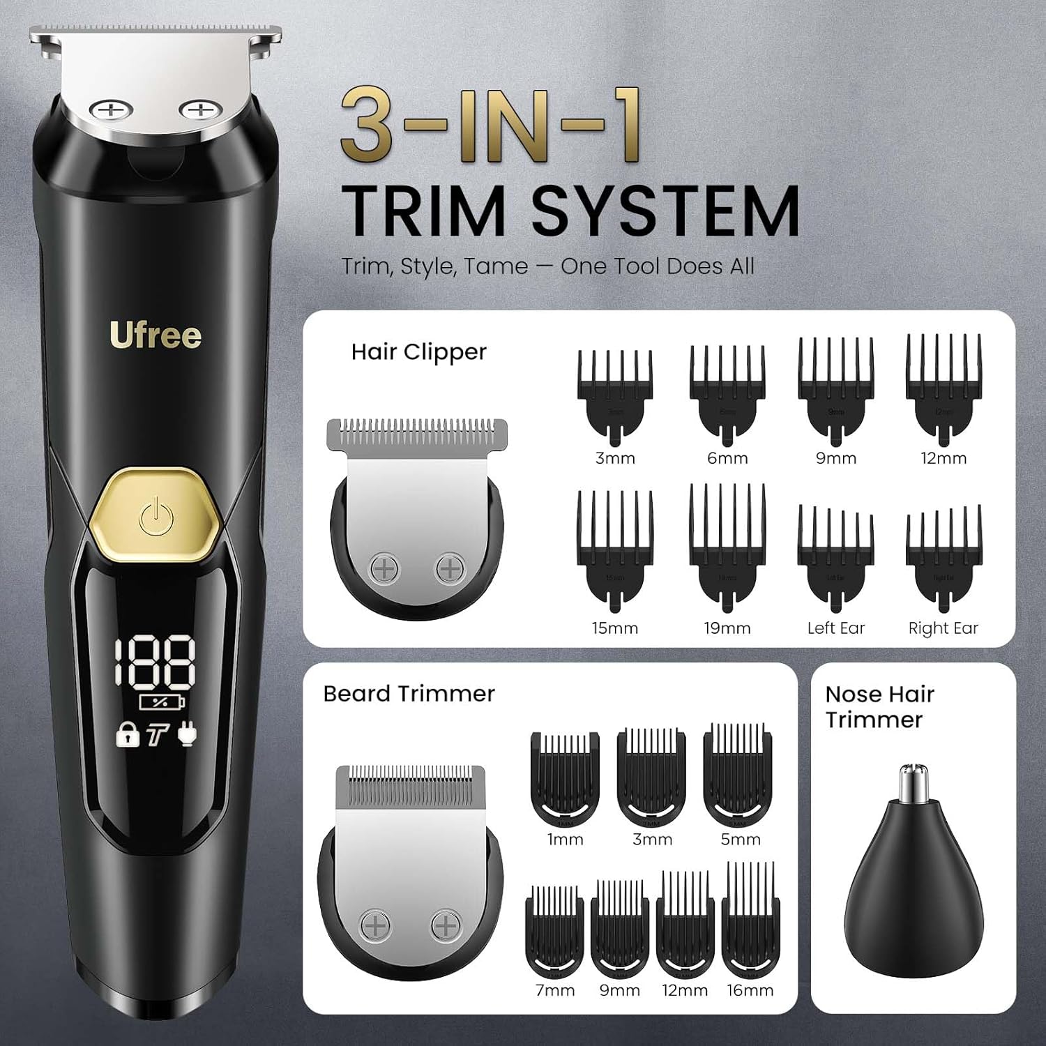 Ufree 3-in-1 Beard Trimmer for Men, IPX6 Waterproof Electric Razor | Gifts for men, Beard, Nose, Hair, Stainless Steel Blades, USB-C Charge, 120-Min Usage, 8000 RPM, Wet and Dry, Travel Lock - Image 5