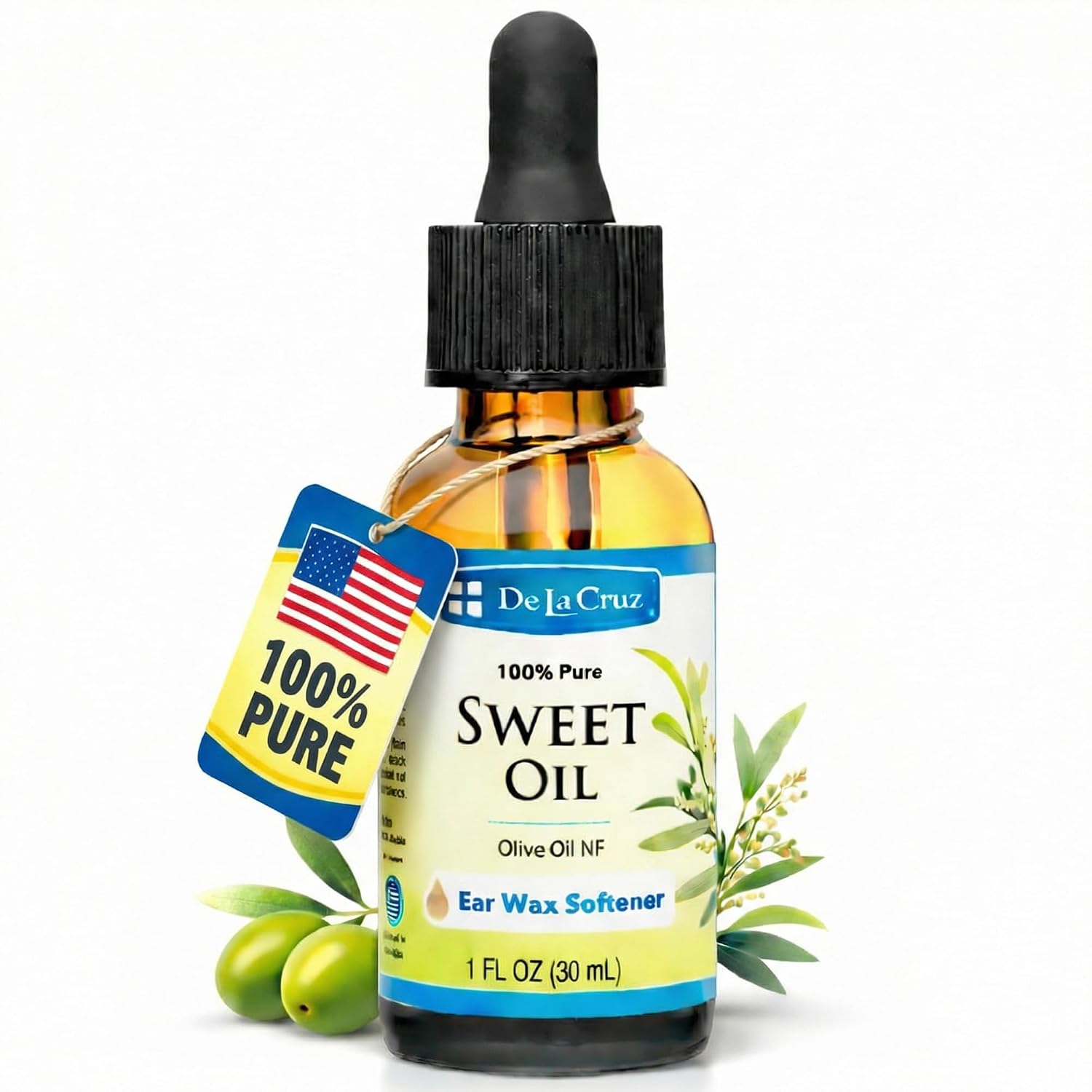 De La Cruz Sweet Oil, Ear Oil, Natural Ear Wax Softener, 1 fl. oz (30 mL) | 100% Pure Olive Oil NF Grade, Earwax Softener, Gentle and Safe Ear Care for the Whole Family, with Dropper, Bottled in USA