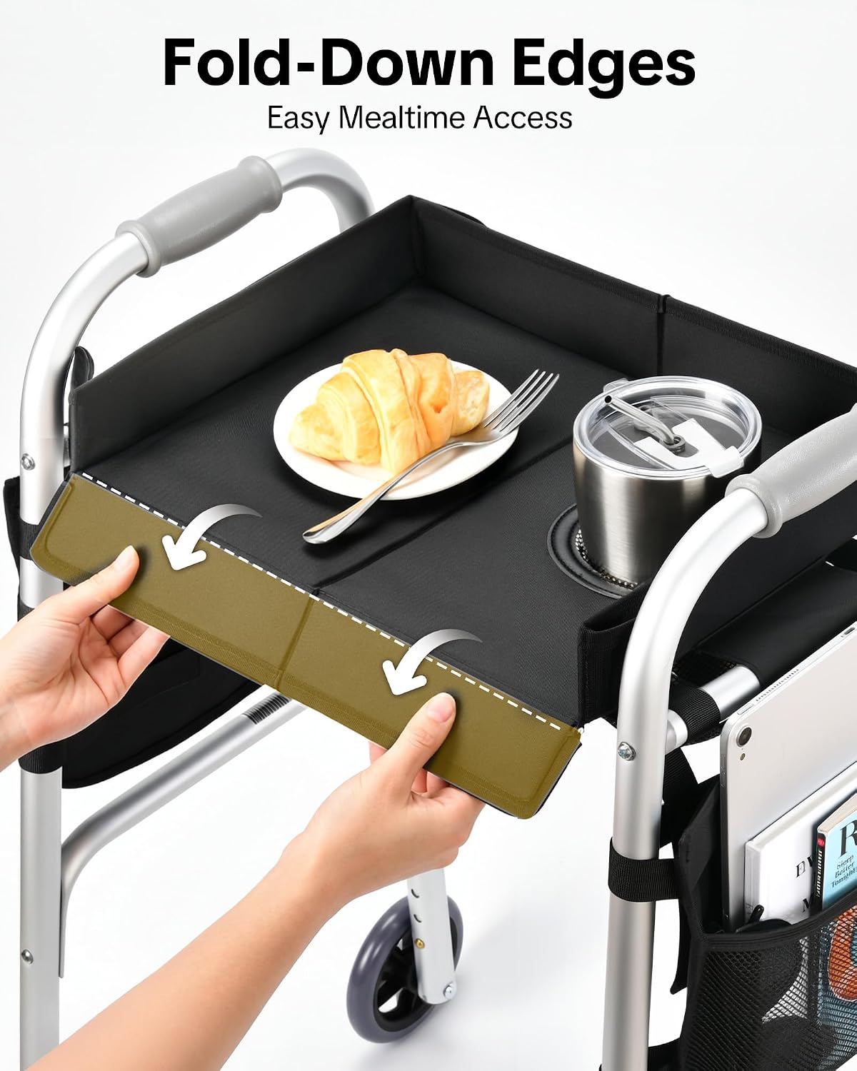 Walker Tray for Folding Walker, Side Pockets & Cup Holder | Fits 17–19" Folding Walkers with Side Bars, Easy Install, Adjustable Straps, Spill-Resistant Surface, Lightweight for Seniors - Image 4