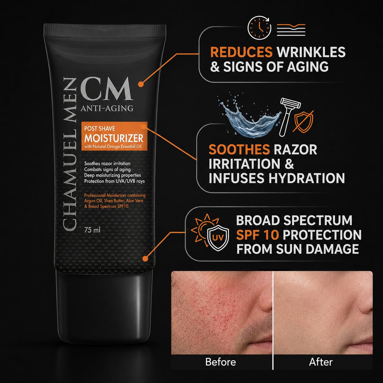 Mens Face Moisturizer Anti Aging - Aftershave for Men, Face Cream & Post Shave Lotion with Argan, Shea & Aloe - Daily Skin Care Balm for Dry, Oily & Sensitive Skin, 2.6 oz - Image 3