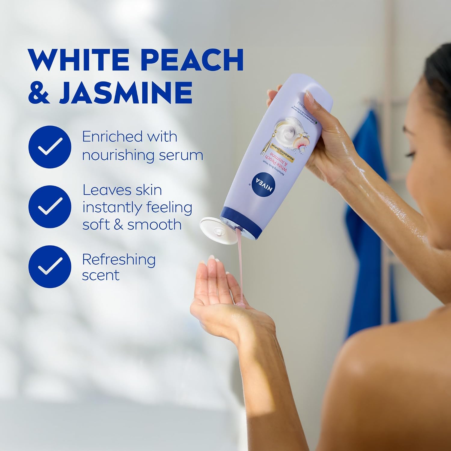 NIVEA Refreshing White Peach and Jasmine Body Wash, Multipack, 3 x 20 FL OZ | Scented Body Wash for Women with Nourishing Serum, Enriched with Provitamin B5 and Vitamin E, Paraben Free - Image 2