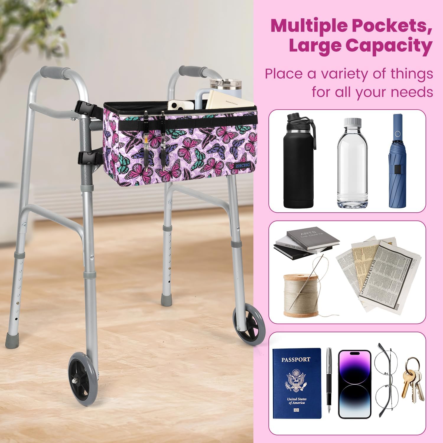 ZHCHG Walker Basket for Seniors, Walker Accessories Bag for Folding Walker | Large Capacity & Never Tipping Over, Best Gift- (Not Fit Rollator Walkers)- Purple - Image 2