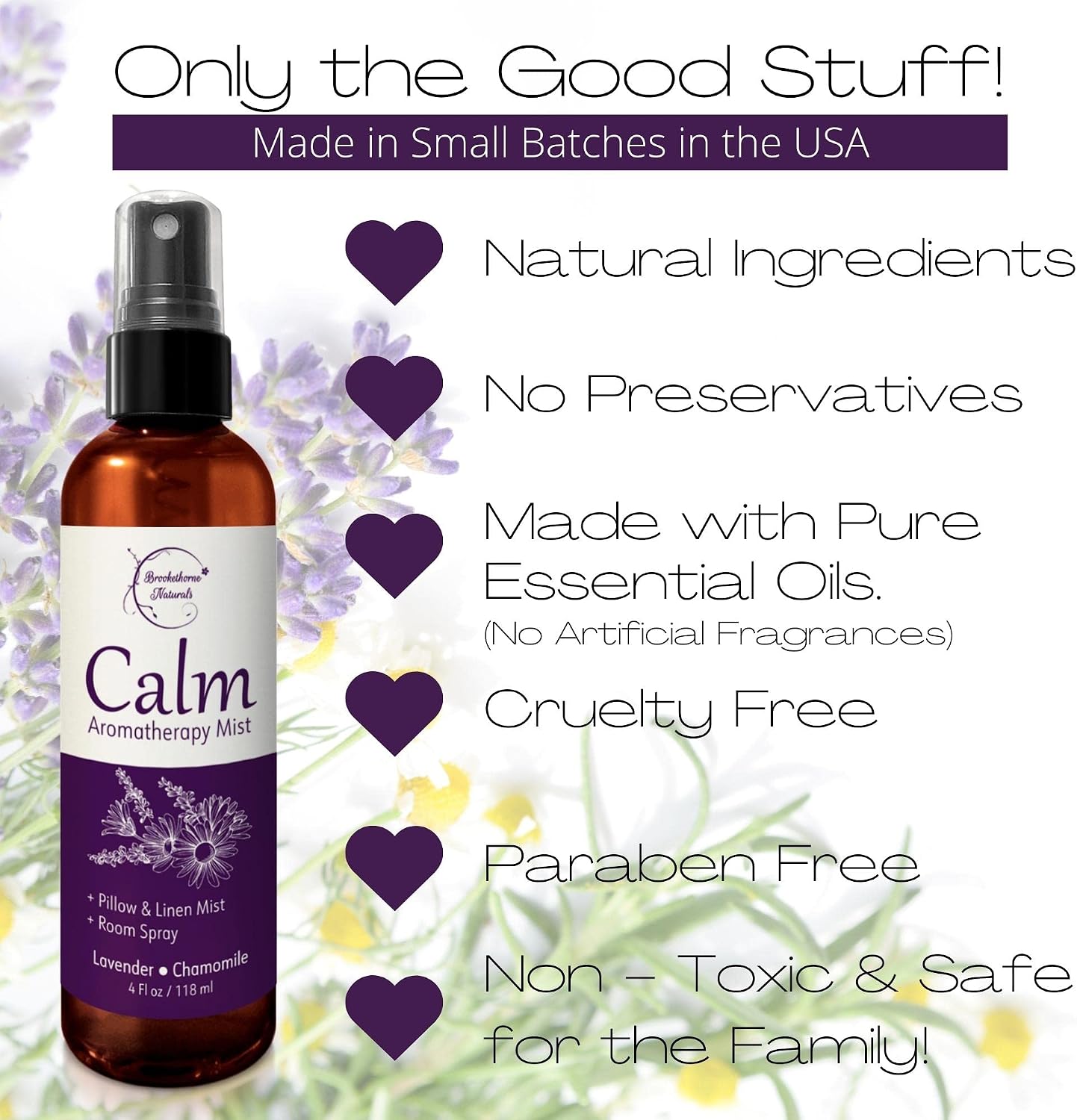 Brookethorne Naturals Calm Aromatherapy Mist | Lavender Pillow Spray 4oz | Lavender & Chamomile Essential Oil room, linen & bed spray | Calming scent for Relaxation & Sleep | Paraben-free, made in USA - Image 5