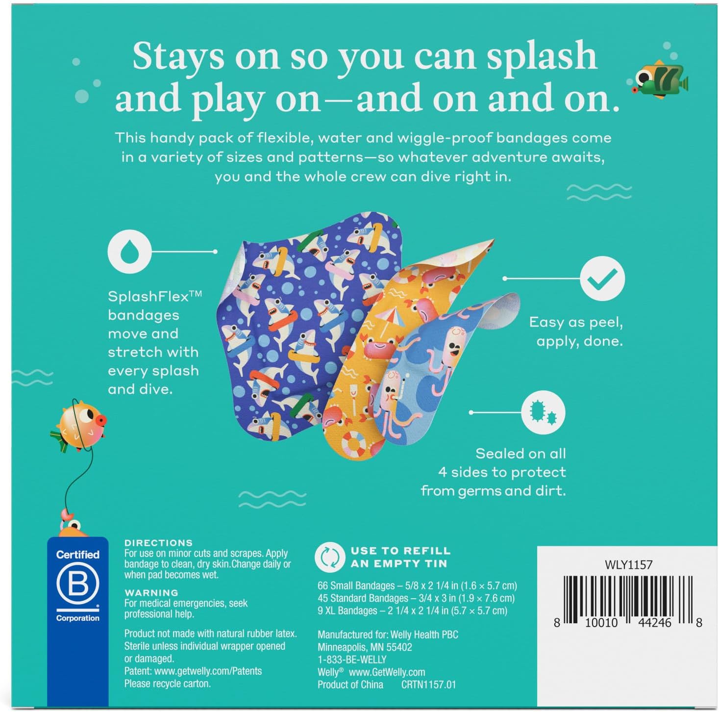 Welly Bandage Ocean Friends Refill Pack | Splashflex Adhesive Flexible Waterproof Bandages | Assorted Shapes and Patterns for Minor Cuts, Scrapes, and Wounds - 120 Count - Image 2