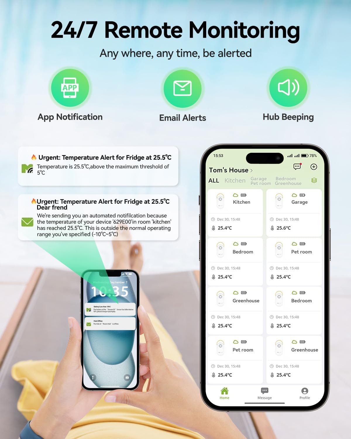 WiFi Remote Thermometer Freezer Alarm, 1/3 Mile Long Range, IP66 Waterproof, App Email Alert, with Digital Monitor Hub, 2 Smart Wireless Temperature Sensors for Fridge, RV, Greenhouse - Image 4