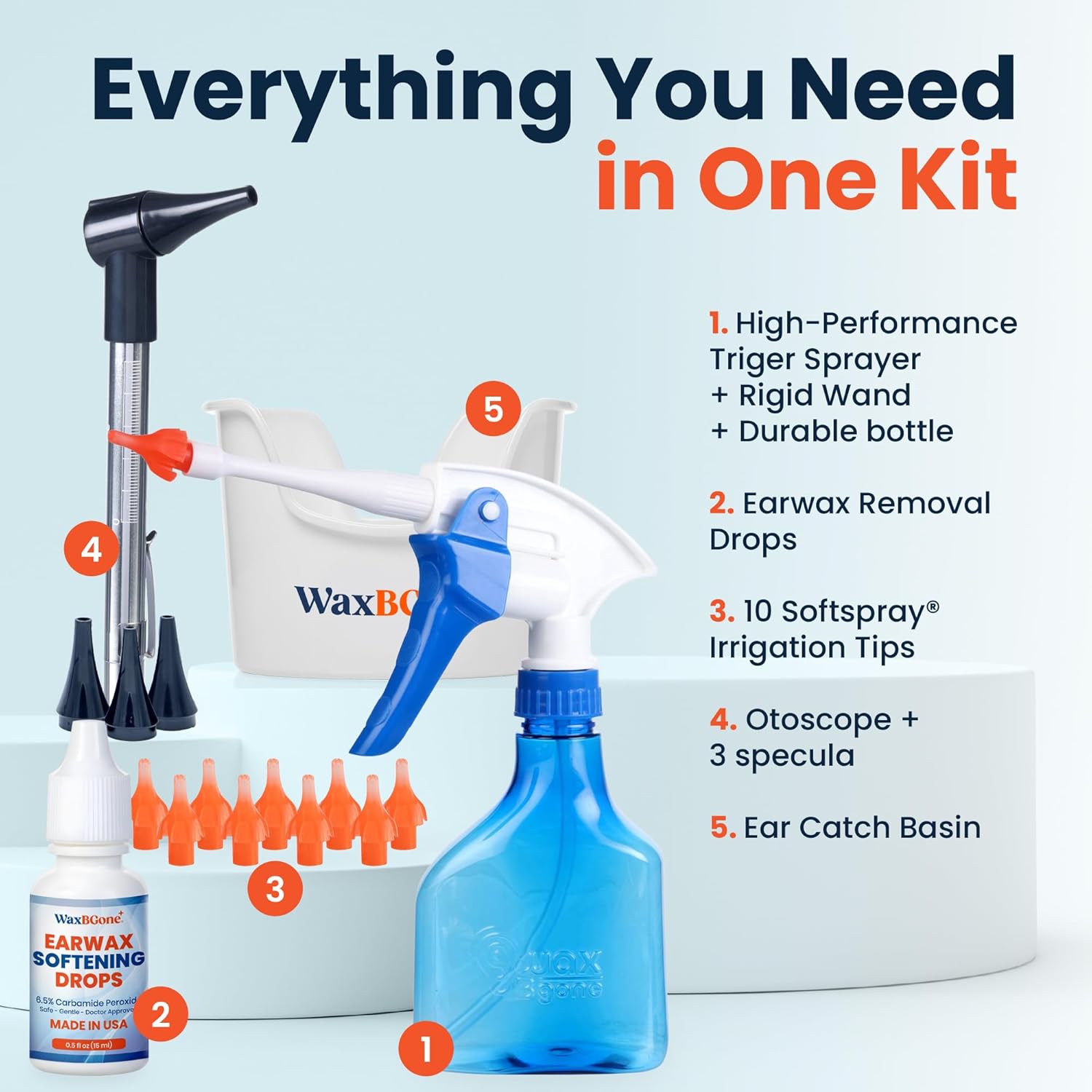 Ear Wax Removal Kit with SoftSpray Irrigation Tips, 4X High Output Sprayer & Ear Basin - Safe, Fast, Gentle Ear Cleaning Kit for Adults & Kids at Home - Premium Kit with Otoscope + Ear Drops | Complete premium system combines 4X cleaning power, patented SoftSpray® tips, otoscope and drops for fast, gentle home use - Image 2