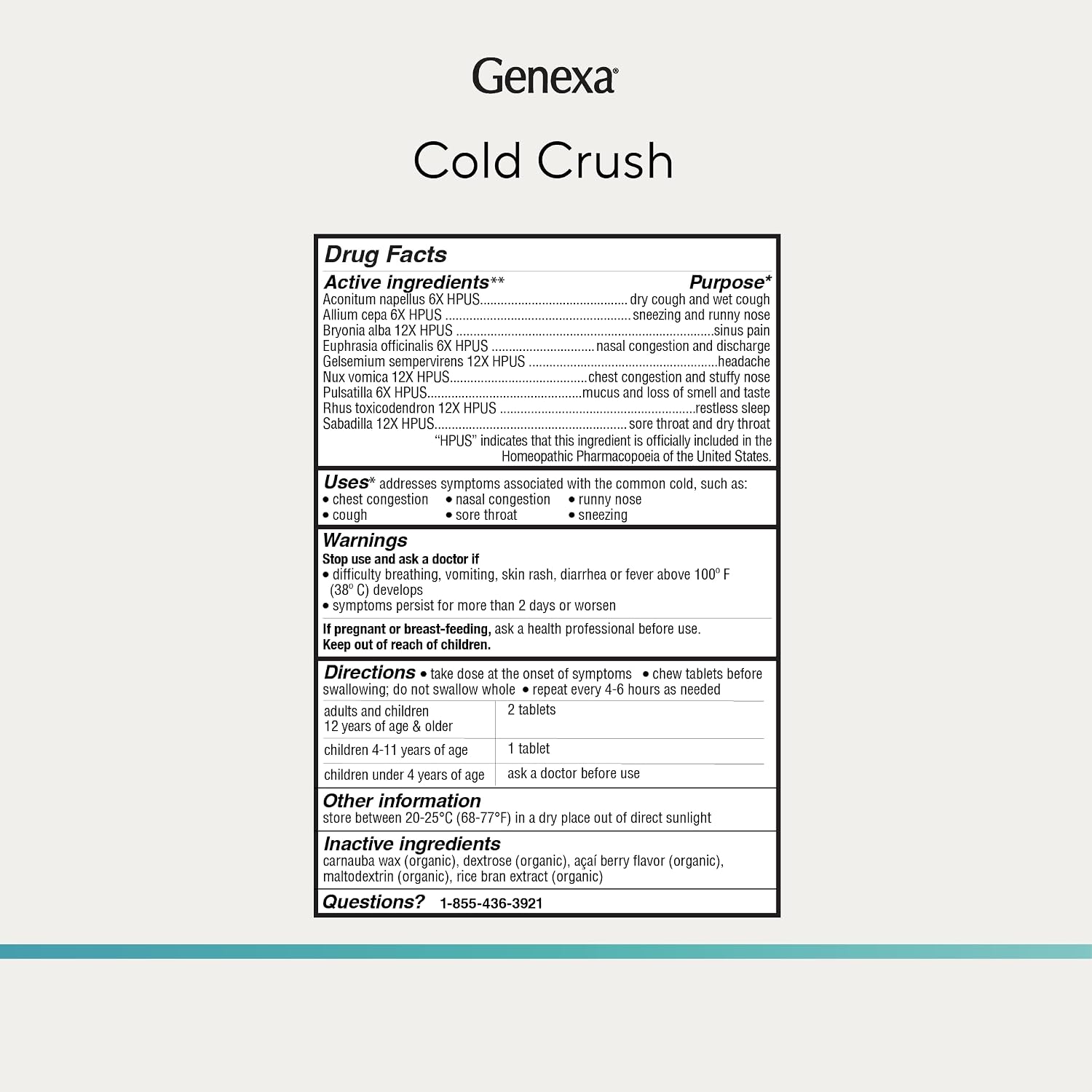 Genexa Cold Crush, Drug Free & Made Clean, 60 Chewable Tablets for Adults | Dye Free, 0% Artificial Additives, Non-GMO, Gluten Free, Homeopathic Cough, Cold, Sore Throat Relief, Acai Berry Flavor - Image 8