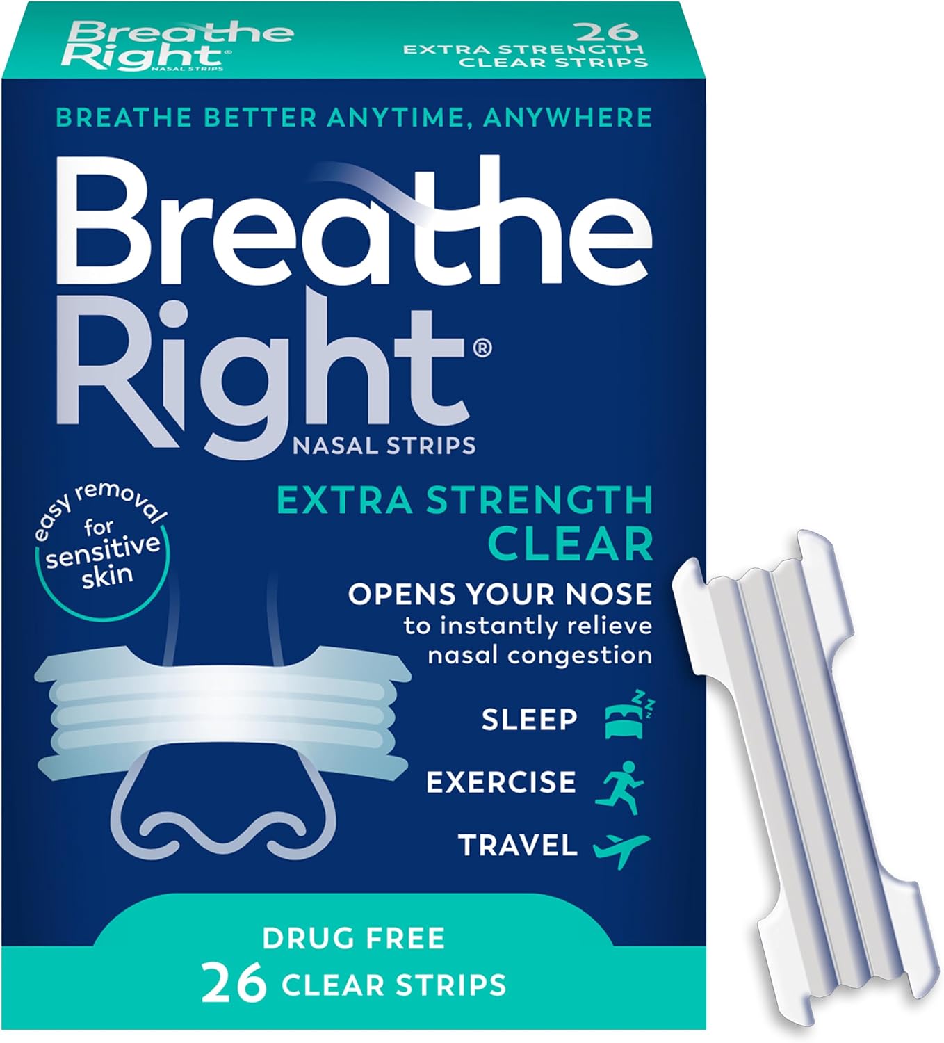 Breathe Right Nasal Strips, Extra Strength, Nasal Congestion, Clear, 26ct | Opens nose and increases nasal airflow, helps relieve nasal congestion for better breathing, drug-free, use anytime, anywhere