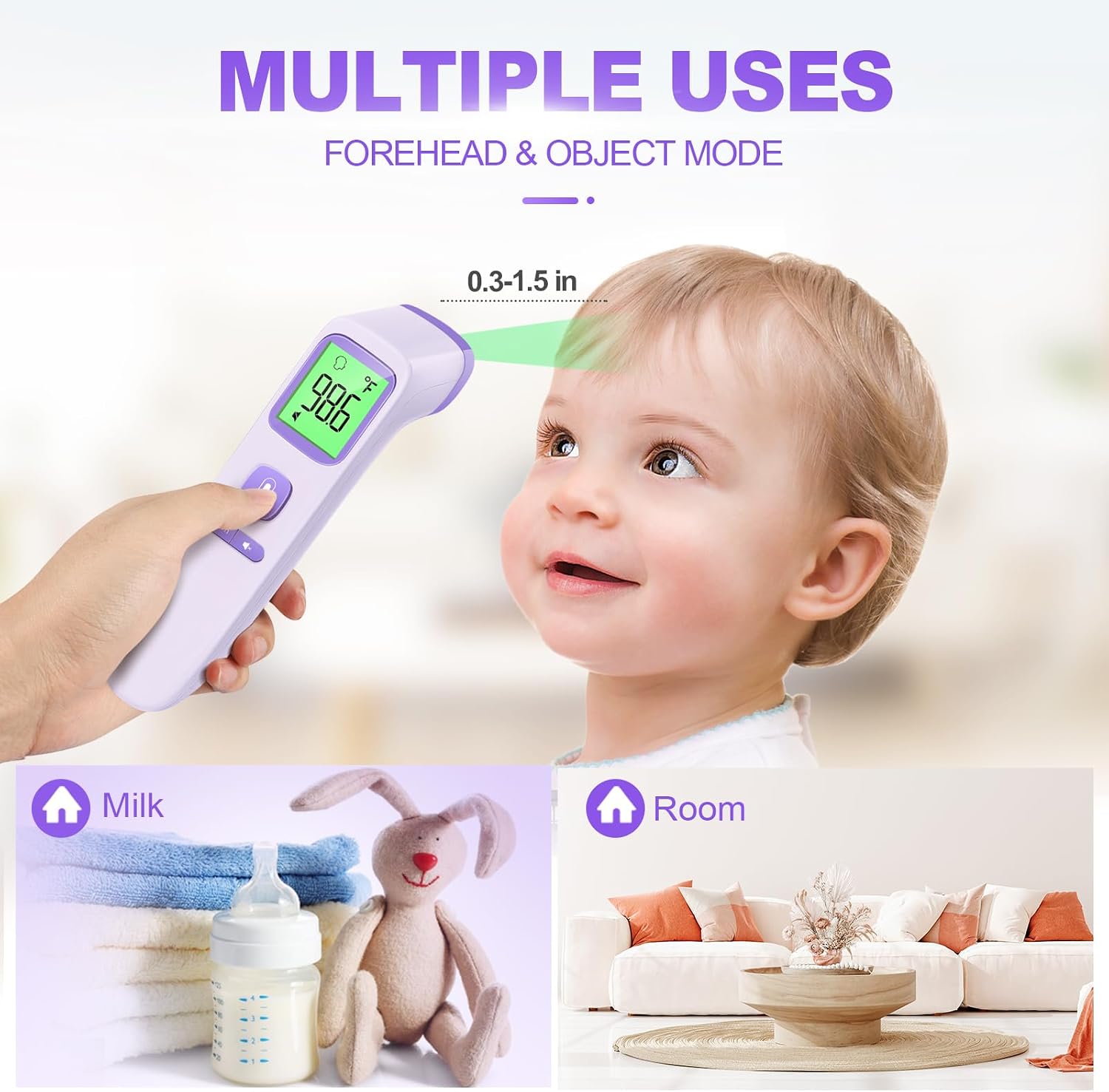 No-Touch Thermometer for Adults, Kids, Babies, 1-Sec Fast Accurate (Purple) | Fever Alarm, Large LCD with 3-Color Backlight, Silent Mode, 35-Reading Memory, Forehead & Object Mode, for Home & Clinic - Image 5