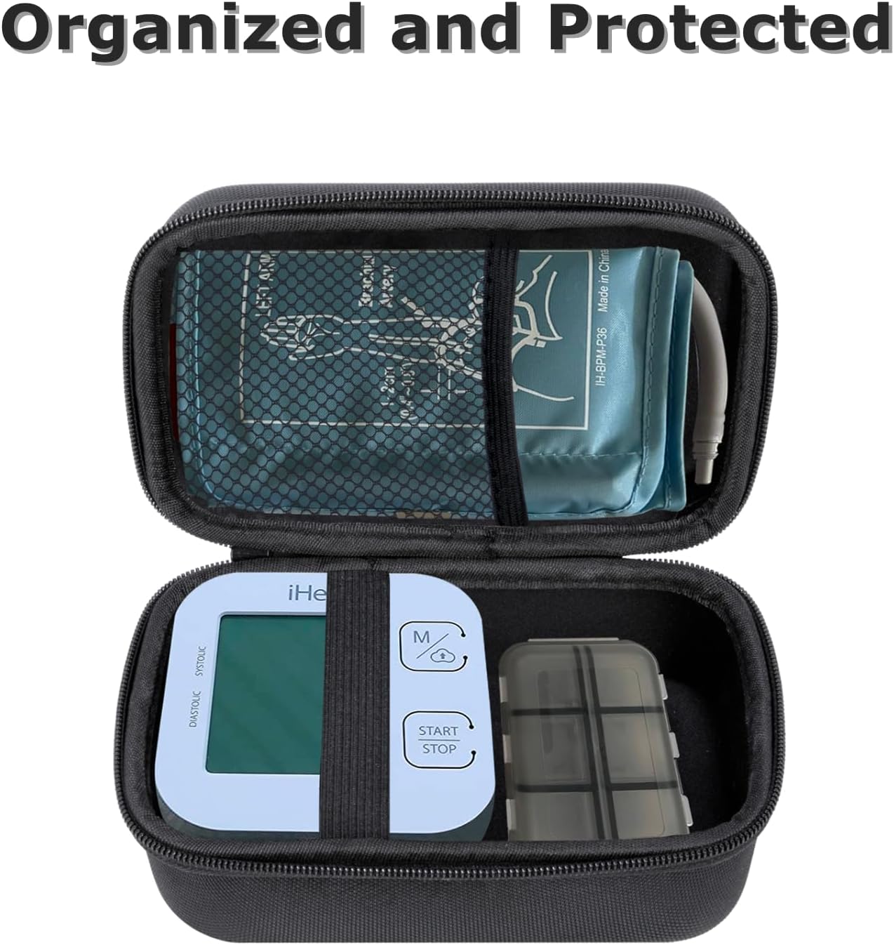 Ginsco Compact Hard Shell Case for Blood Pressure Monitor, Compatible with Omron Bronze/iHealth/Oklar, Portable Carrying Travel Case with Handle, Mesh Pocket for Cuff/Batteries/Charger (Black, M) - Image 6
