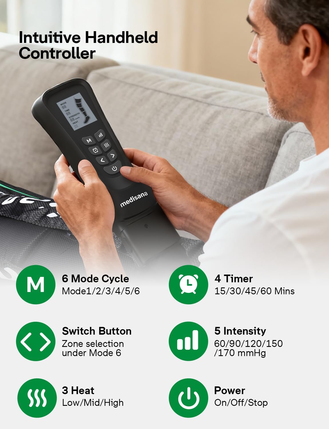 Medisana Leg Compression Massager with Heat, Full Leg & Foot Massager Compression Boots with 6 Modes, 5 Intensity and 3 Heat for Circulation and Pain Relief - Image 4