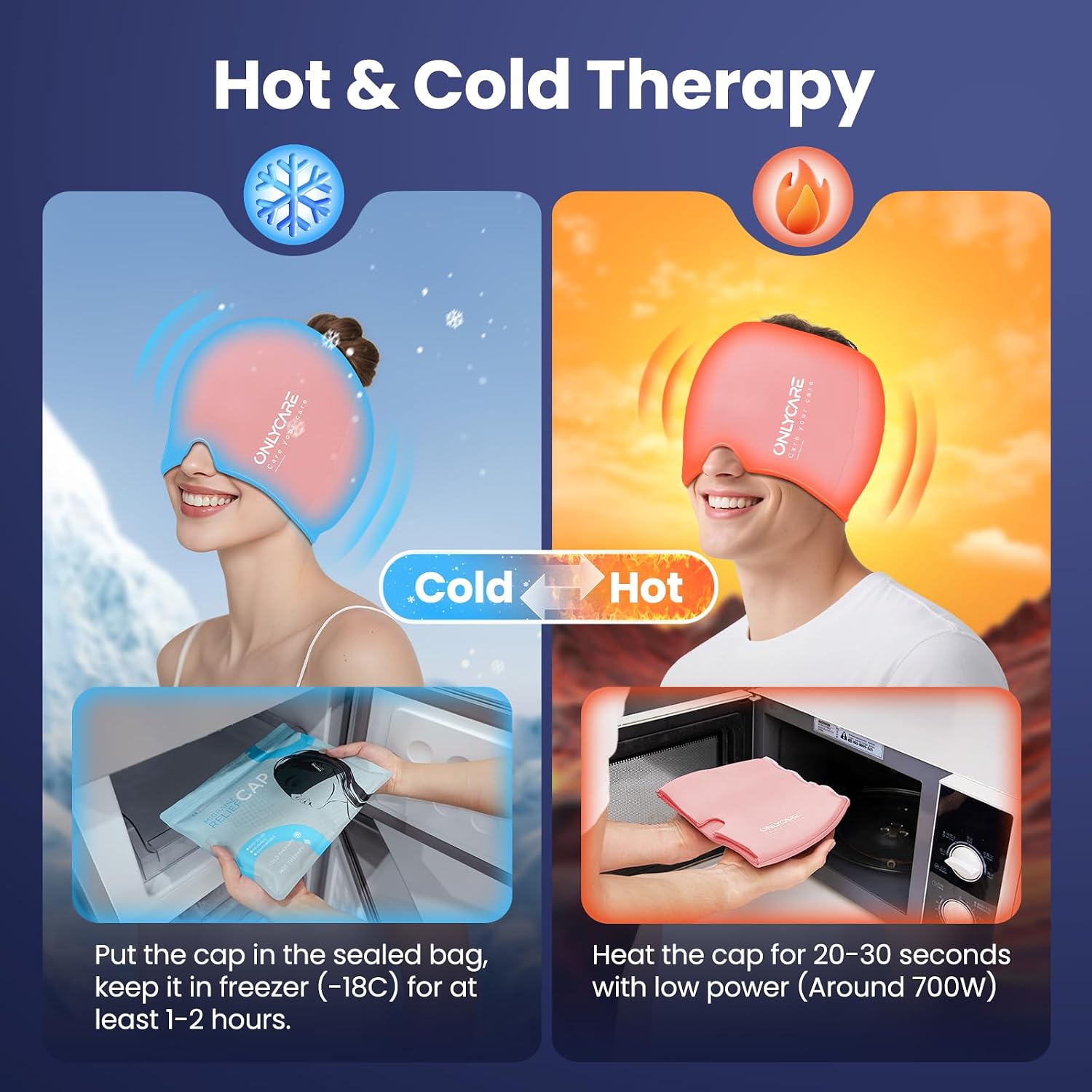ONLYCARE Migraine Relief Cap, Headache Relief Cold Cap for Migraine Relief | Soothing Headache Ice Face Pack Mask, Cold Compress Head Wrap for Sinus, Tension, Stress, Hangover, Self Care Gifts for Women - Image 3