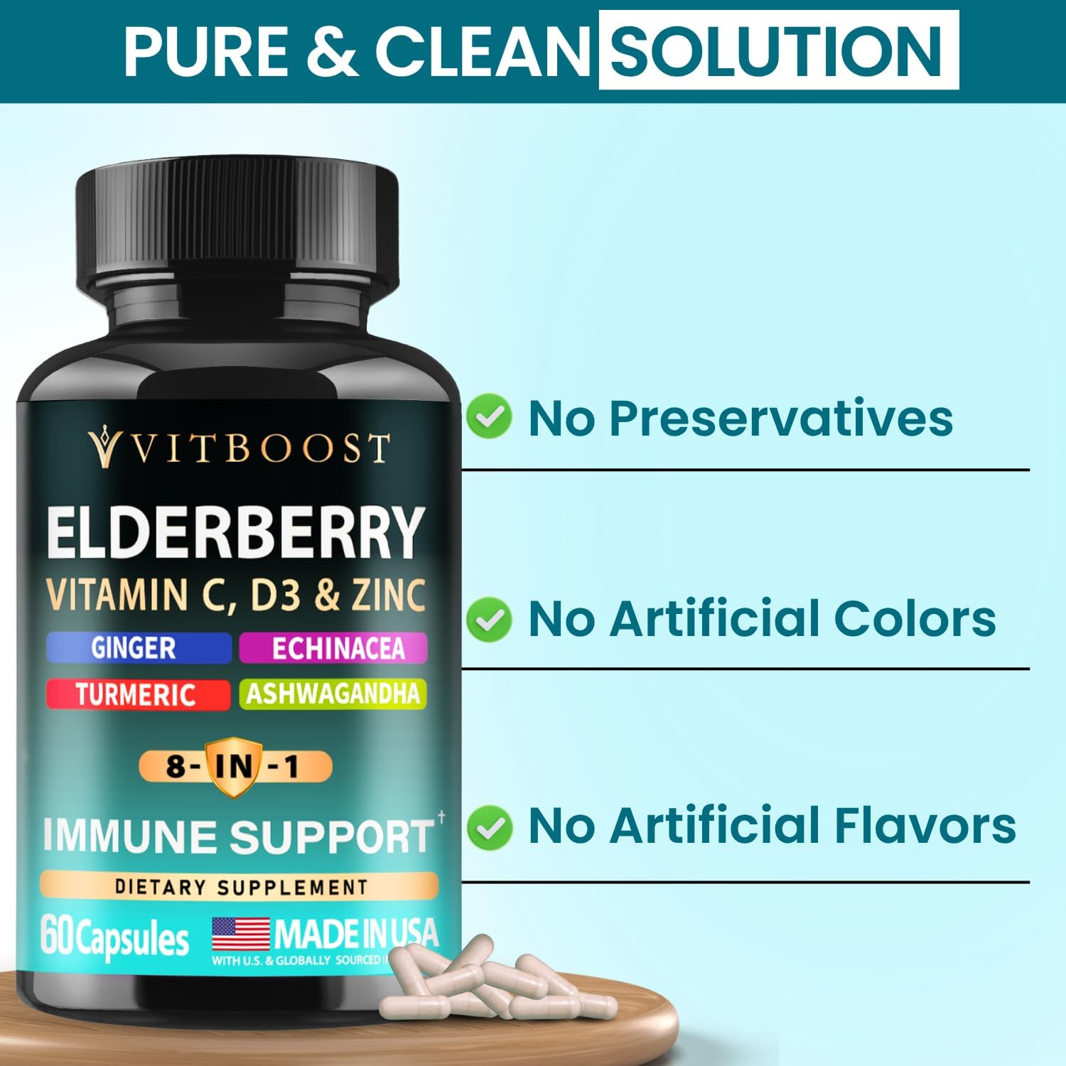 VITBOOST Elderberry Immune Support Supplement 8 in 1 with Vitamin D 5000 IU | Formula with Echinacea, Vitamin C & Zinc, Turmeric, Ginger, Ashwagandha - 60 Capsules - Image 7