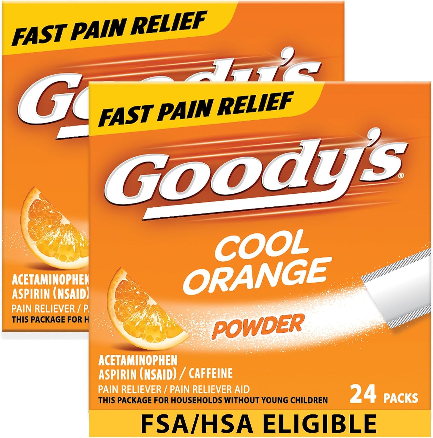 Goody's Triple Action Pain Relief, Cool Orange Powder, 24 Count, Pack of 2 | Goodys Headache Powder, With Acetaminophen, Aspirin & Caffeine, Fast & Effective Headache Relief for Adults, Dissolve Packs