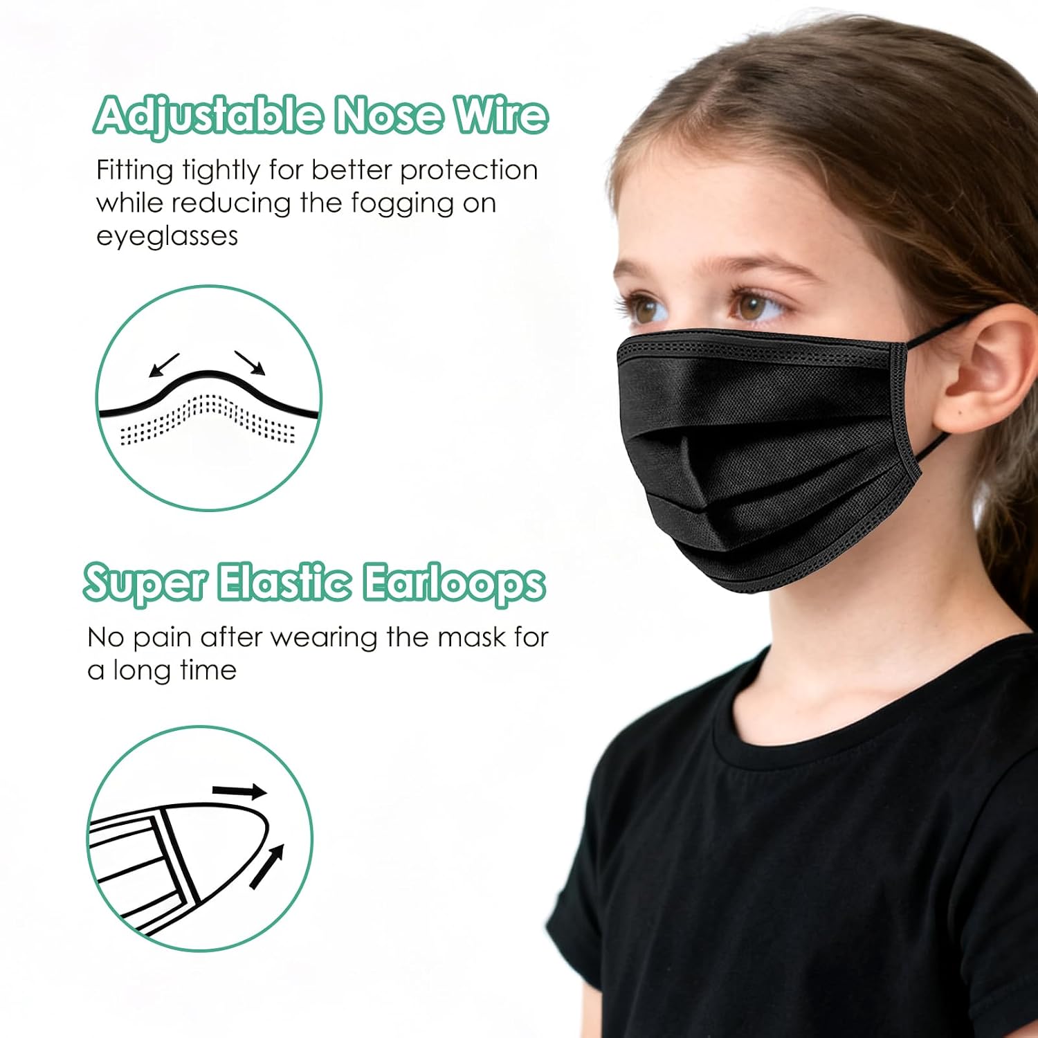 Kids Face Masks 100 PCS Black Disposable Mask 3 Ply for Children Boys Girls - Image 2