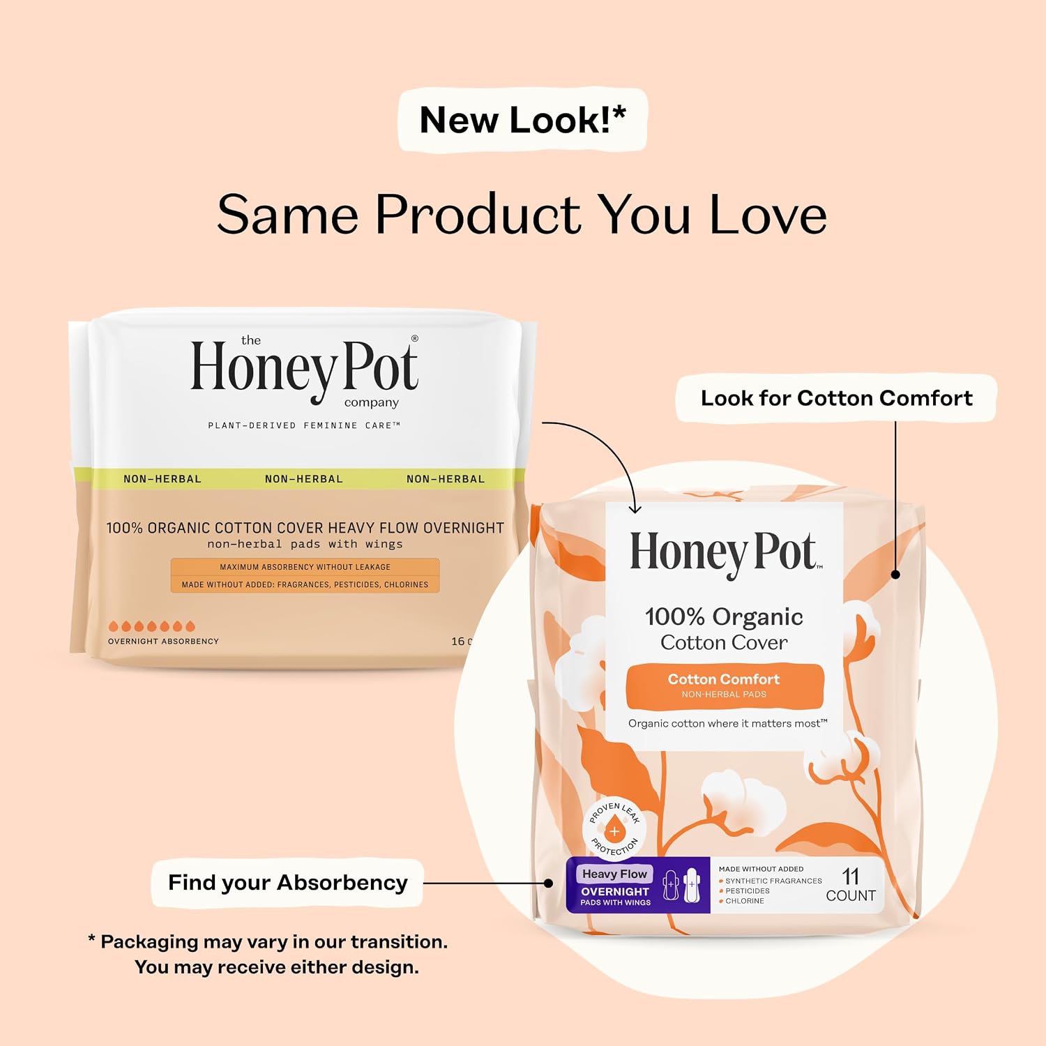 The Honey Pot Company - Cotton Comfort - Heavy Flow Overnight Pads | Non-Herbal - Organic Cotton Cover - Menstrual Pads w/Wings - No Fragrance & Ultra-Absorbent Pulp Core - Feminine Care - 44ct - Image 2