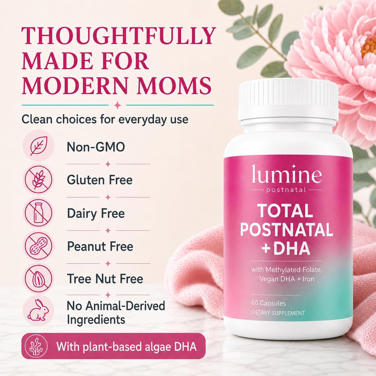 LUMINE Organics Postnatal Vitamins for Women 60 Capsules | Postnatal Nutrition with 20 Essential Nutrients, 200 mg Plant-Based DHA, Methylated Folate, Iron and Biotin for New Moms - Image 7