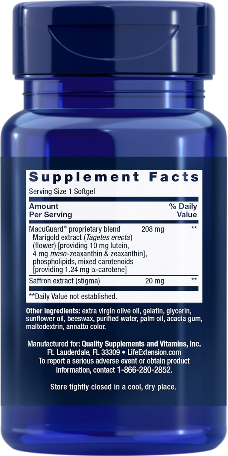 Life Extension MacuGuard Ocular Support with Saffron – Eye Health Supplement for Healthy Vision – with Lutein, Meso-zeaxanthin, zeaxanthin, Saffron – Gluten-Free, Non-GMO – 60 softgels | Eye Health Supplement for Healthy Vision with Lutein, Meso-Zeaxanthin, Zeaxanthin & Saffron, Gluten-Free & Non-GMO - Image 2