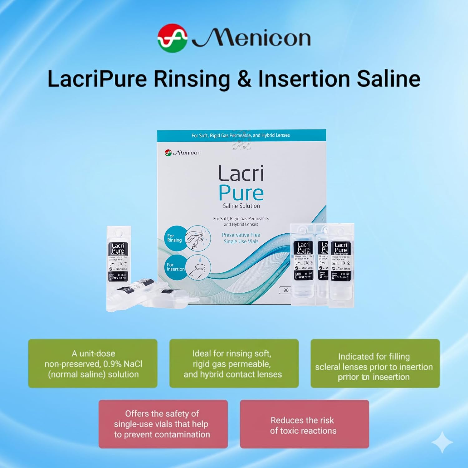 Menicon LacriPure Saline Contact Lens Solution 5ml 98 vials 3 Months Supply - Image 2