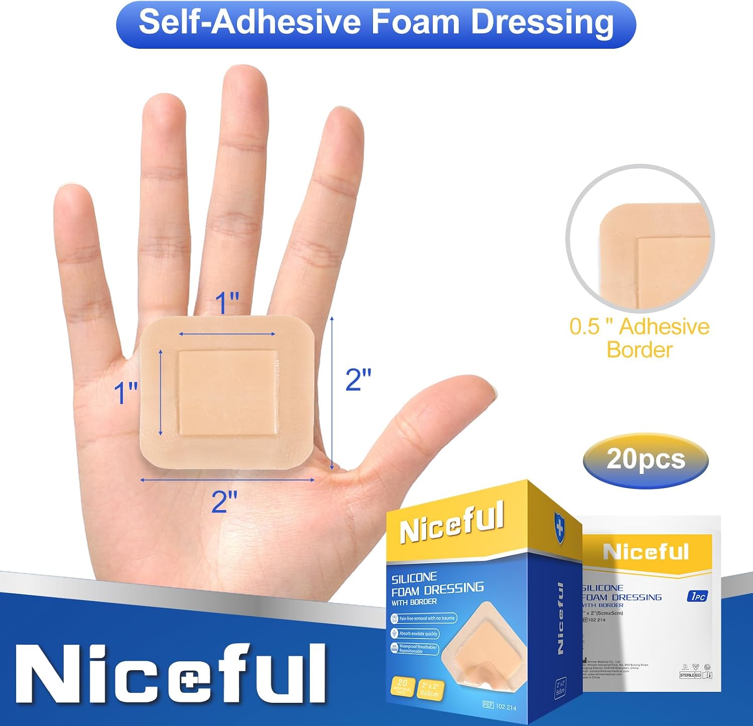 Niceful Silicone Foam Dressing Gentle Border 2"x2" 20 Count, Extra Hold | Gentle Border Foam Bandage, 5-Layer Absorption, Waterproof Pain-Free Removal, Cuts & Mild Burns, 20 Individually Wrapped - Image 2