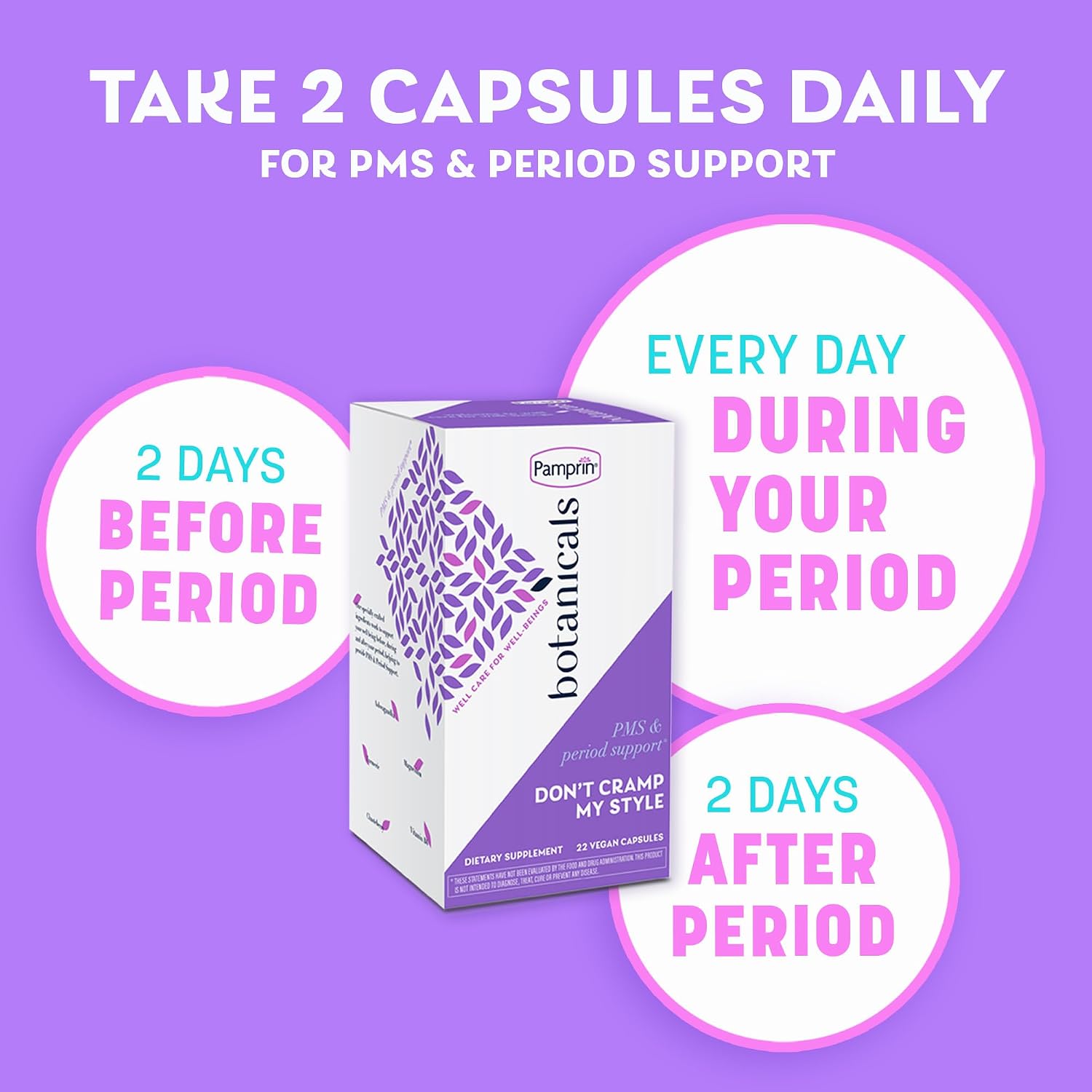 Pamprin Botanicals Supplement for PMS & Period Support, with Ashwagandha, Magnesium, Turmeric, Vitamin B6, Chasteberry, 22 Count - Image 2