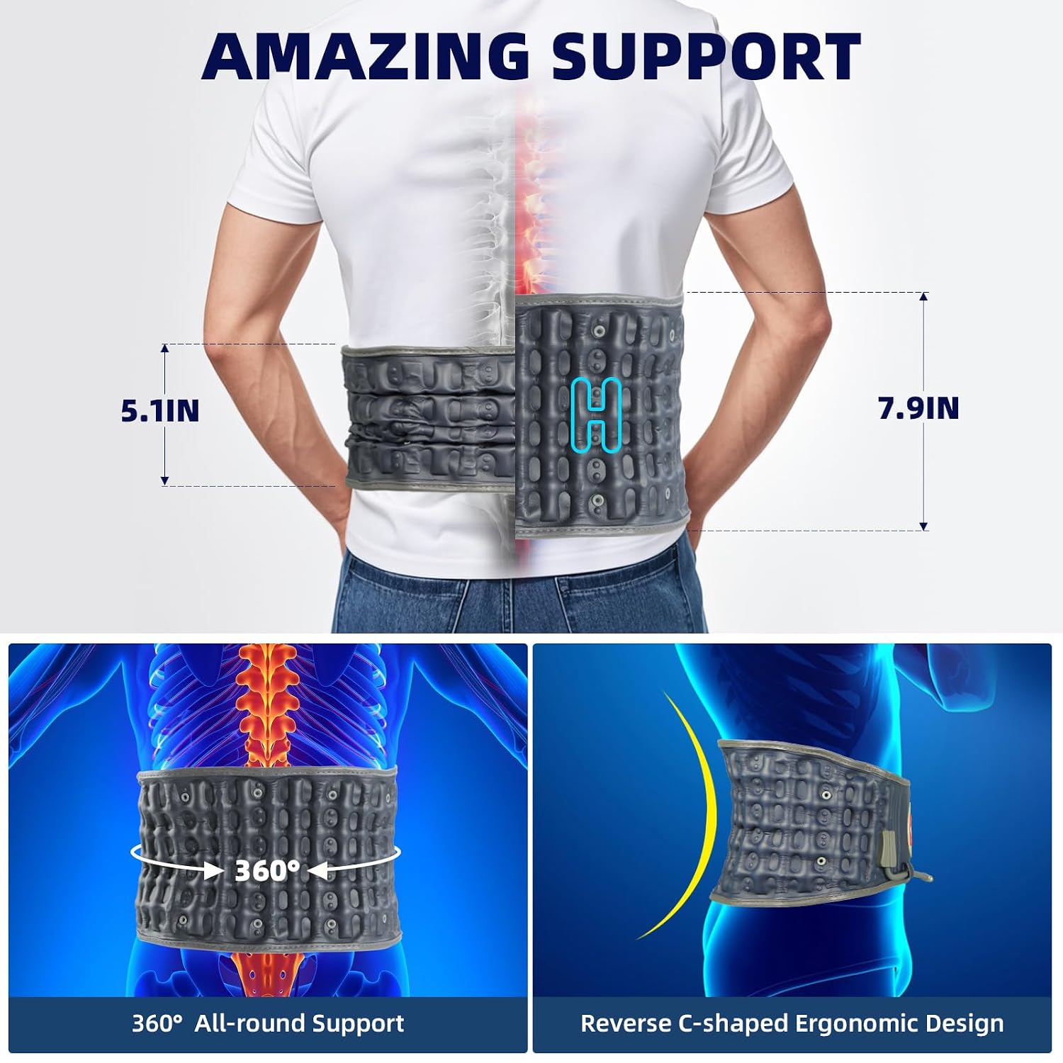 Decompression Belt with Elec. Pump, Inflatable Back Brace, Blue | Inflatable lumbar traction belt for spinal decompression, Relieves back pain & sciatica, Fits 29"-49" waist, Restores curve - Image 5