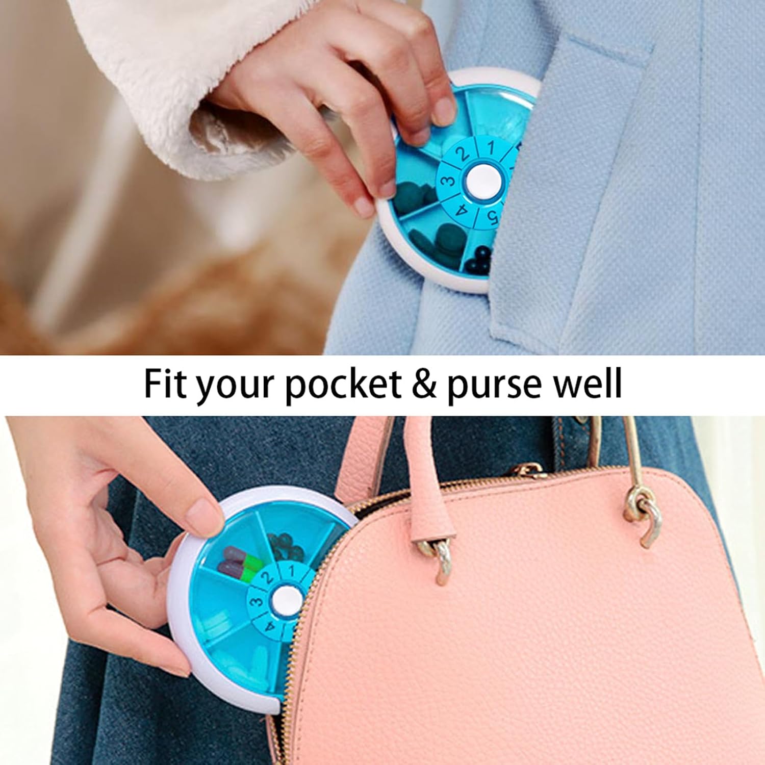 7 Day Rotary Pill Organizer One-Hand Open for Travel Vitamins & Meds | Compact Weekly Pill case for supplements & medication Daily slots with dates – no double doses Fits purse pocket or backpack - Image 7