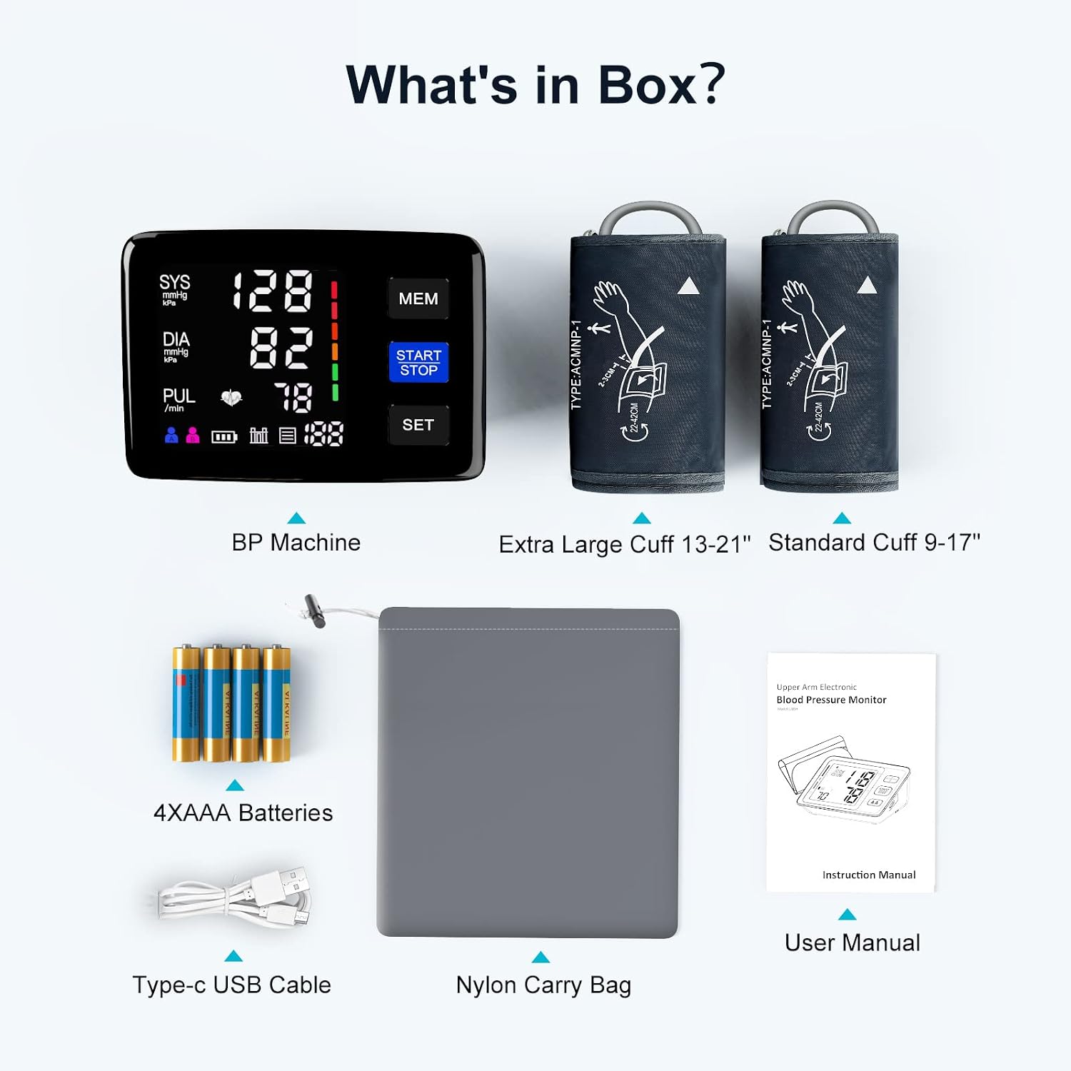 Blood Pressure Monitor, 9-17'' & 13-21'' Extra Large Blood Pressure Cuff | 6"Large Backlit LED Color Screen,2 Extra Large Blood Pressure Cuffs,Automatic Digital BP Machine,USB Cable &4 AAA Batteries - Image 7