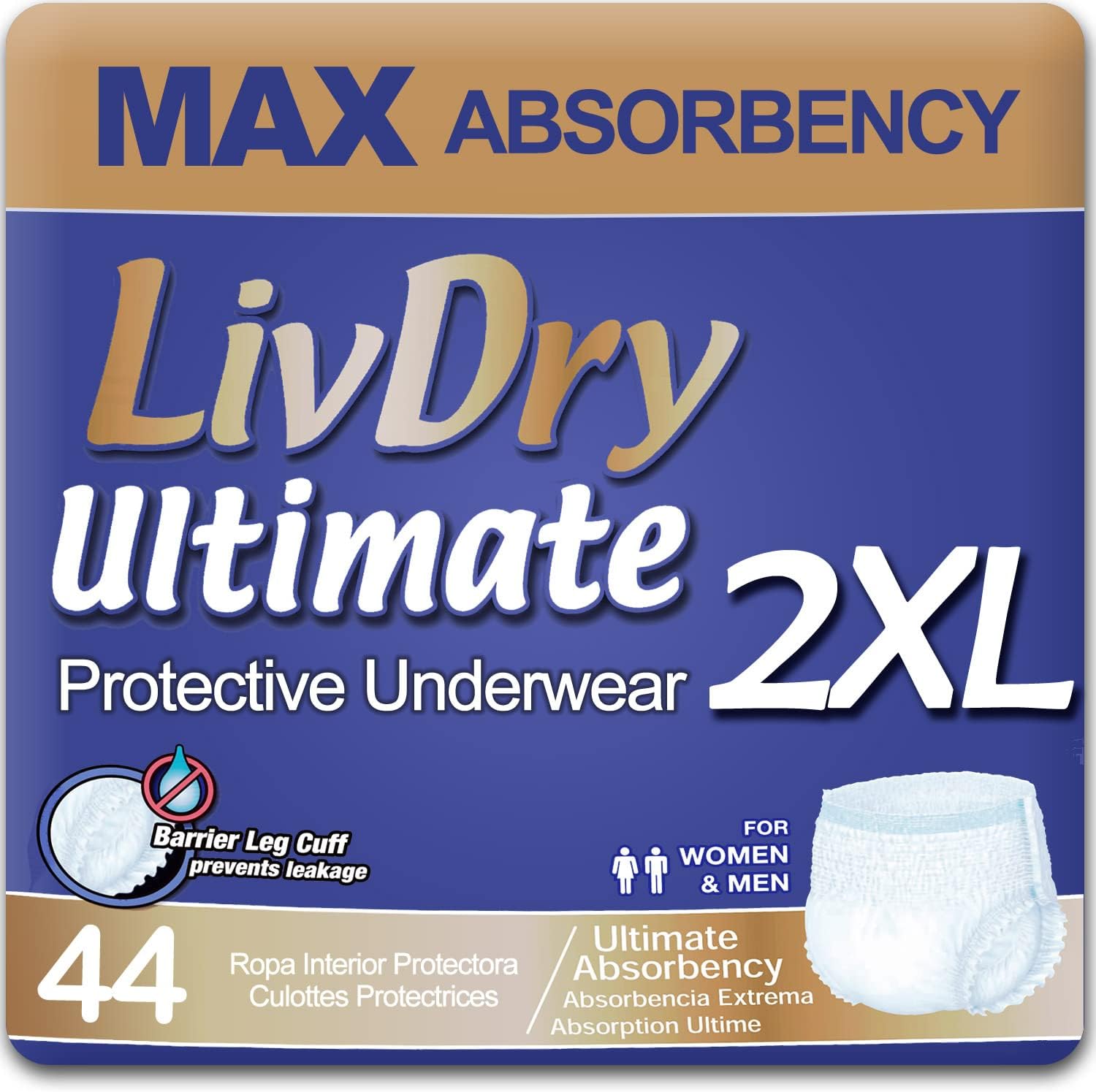 LivDry Ultimate 2XL Adult Incontinence Underwear, Max Absorbent Diapers for Women and Men, XXL 60” -80" Waist, Leak Proof Cuff, XX-Large, 44 Pack