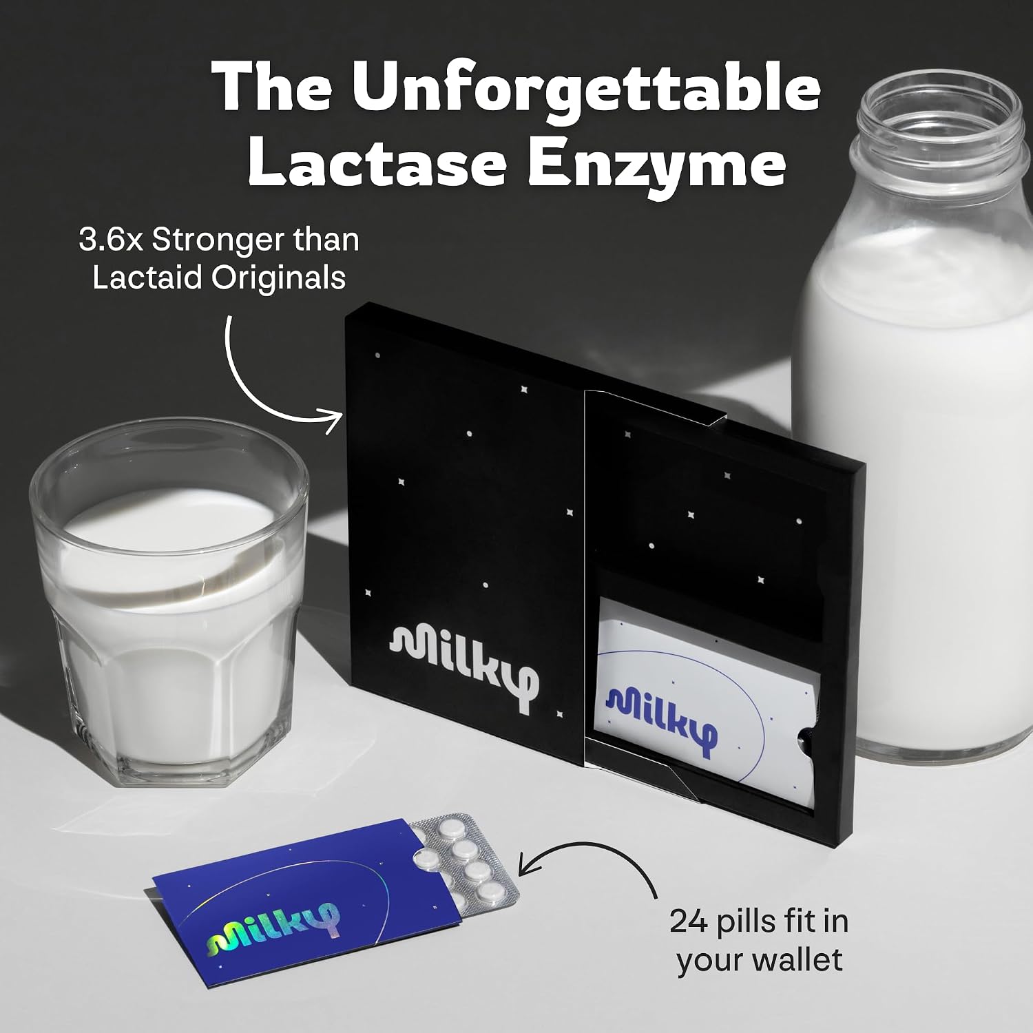 Milky Lactose Intolerance Pills - 10,800 FCC - Dairy Relief for Lactose Intolerance - Lactase Enzyme Tablets - Portable Credit Card Sleeves - Bloating & Gas Relief (48 Count Astral Violet) - Image 5