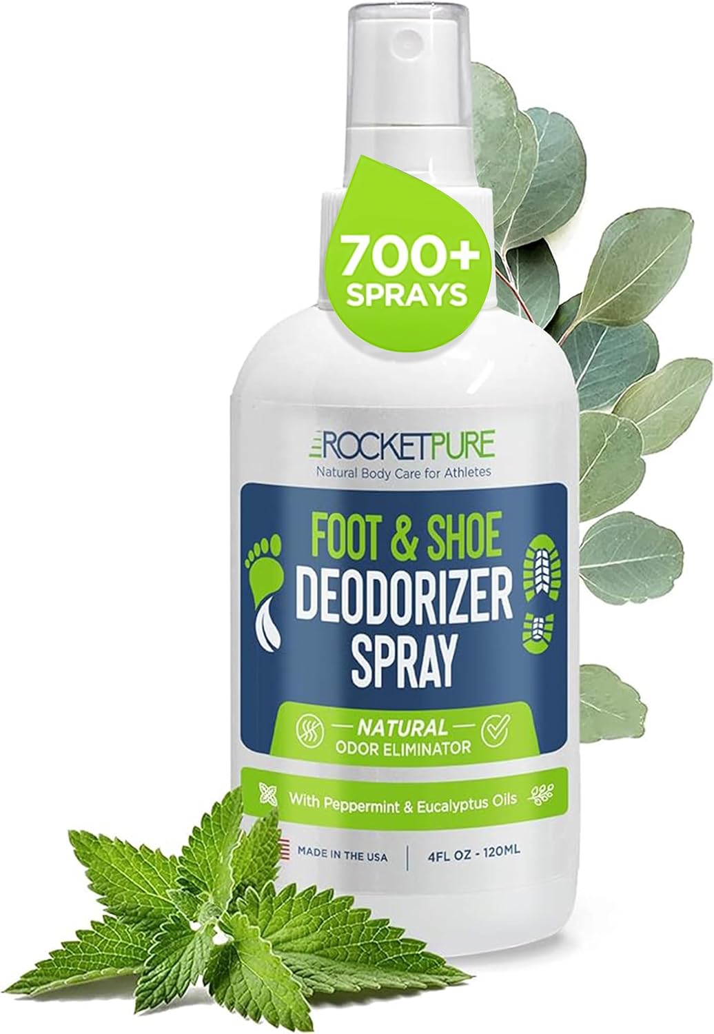 Rocket Pure Natural Foot and Shoe Deodorizer Spray, Mint, 4 fl oz, 1-Pack | Deodorant and odor eliminator for smelly feet, smell remover, formulated with essential oils, paraben-free, made in the USA