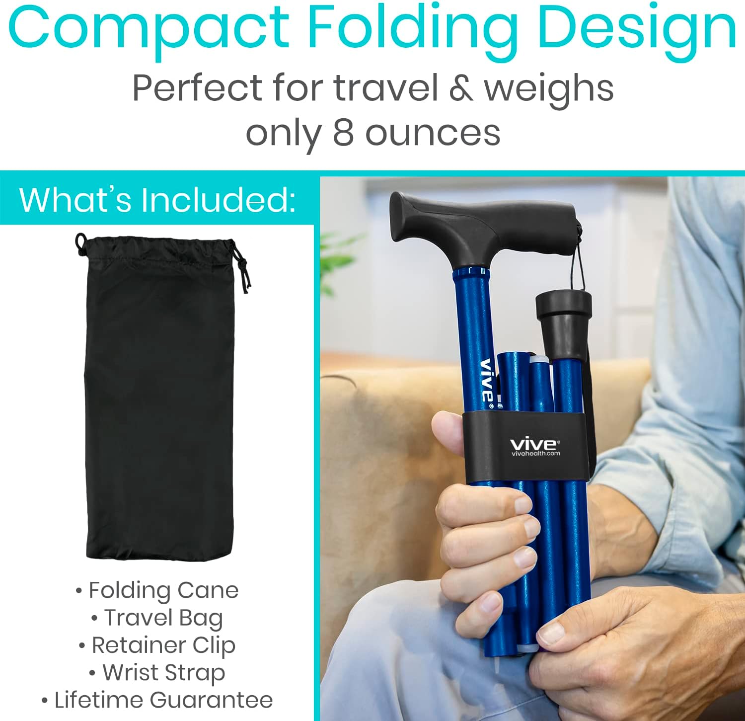 Vive Folding Cane - Foldable Walking Cane for Men, Women - Fold-up | Collapsible, Lightweight, Adjustable, Portable Hand Walking Stick - Balancing Mobility Aid - Sleek, Comfortable - Image 2