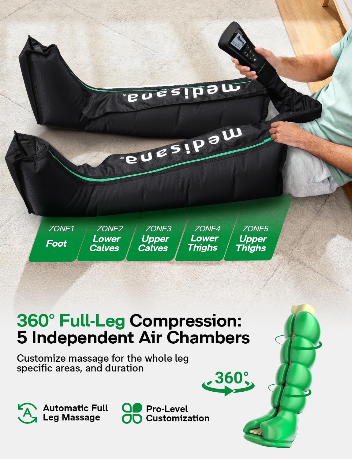 Medisana Leg Compression Massager with Heat, Full Leg & Foot Massager Compression Boots with 6 Modes, 5 Intensity and 3 Heat for Circulation and Pain Relief - Image 2