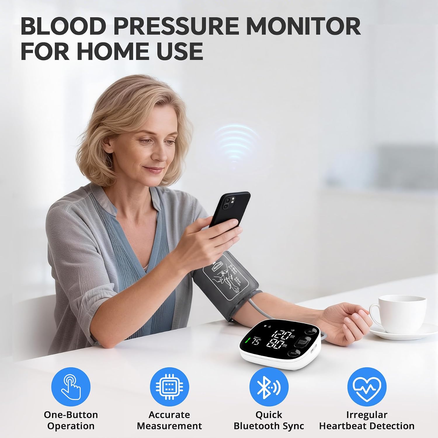 Oklar Blood Pressure Monitor Bluetooth Upper Arm BP Machine for Home Use | FDA-Cleared, Clinical Accuracy, App Sync, 2x120 Memory, Large LED Backlit Display, 8.7-16.5" Adjustable Cuff with Storage Bag - Image 2