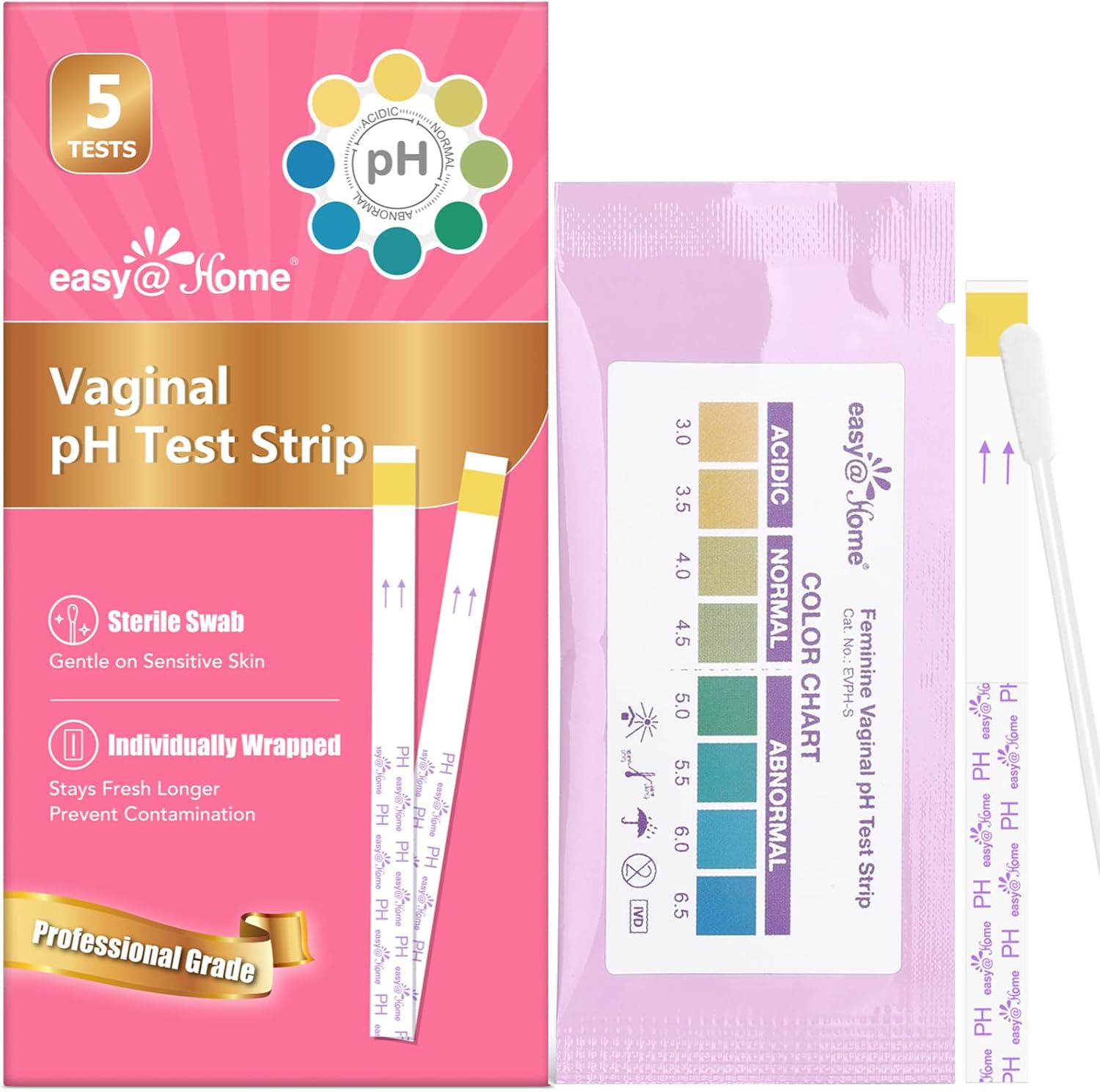 Easy@Home 5 Pack Vaginal pH Test Strip for Women, Yeast Infection & BV Test | Bacterial Vaginosis Testing Kit for Women with Swabs, Feminine pH Balance Health Tests, at Home pH Level Tester #EVPH-S