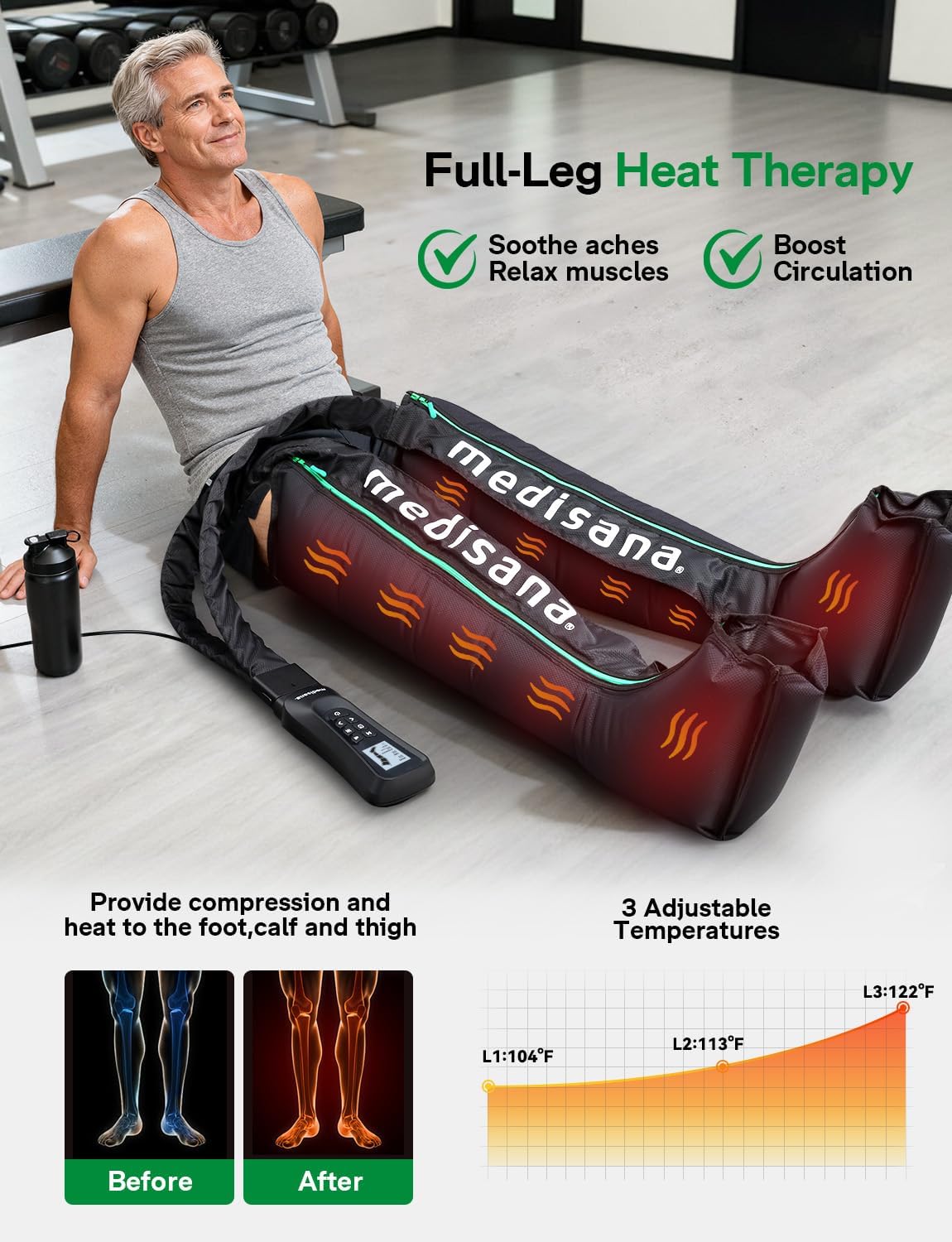 Medisana Leg Compression Massager with Heat, Full Leg & Foot Massager Compression Boots with 6 Modes, 5 Intensity and 3 Heat for Circulation and Pain Relief - Image 3