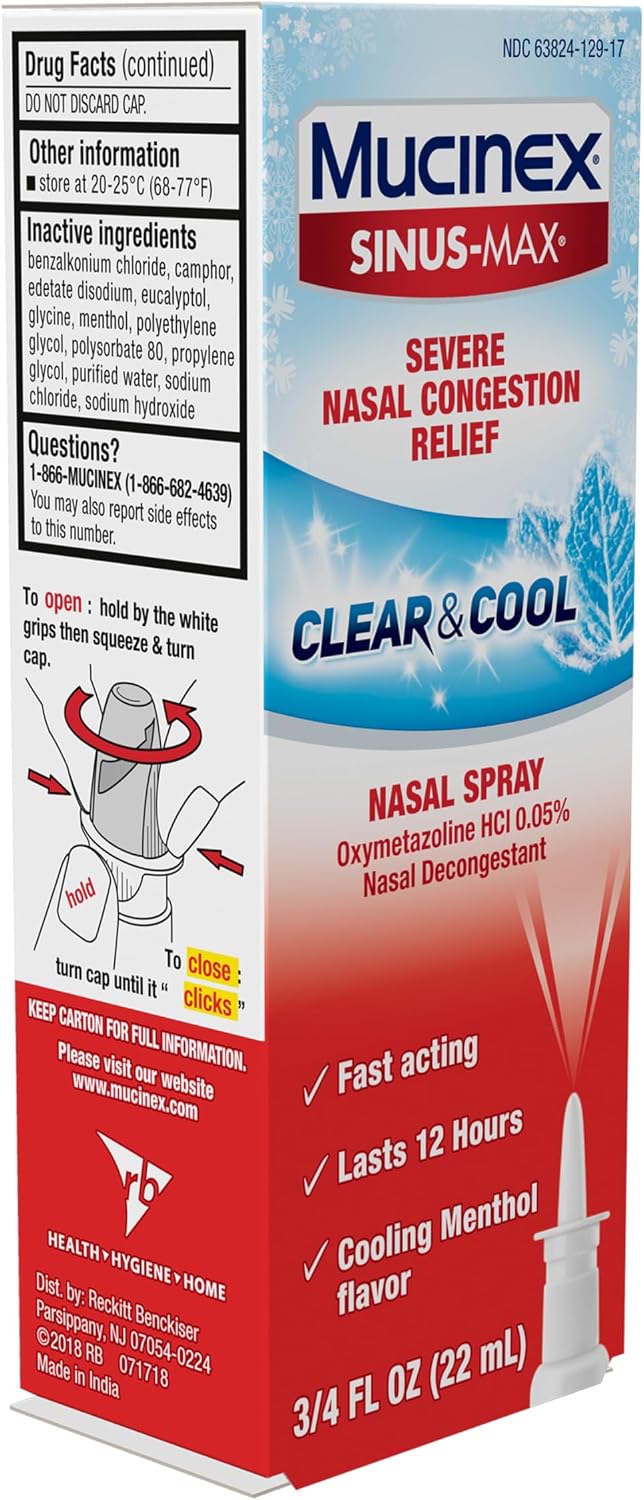 Mucinex Sinus-Max Nasal Spray Decongestant, 12 Hour Over-The-Counter Medication Nose Spray for Sinus Relief, Nasal Decongestants for Adults & Sinus Congestion, Clear & Cool 3/4 Fl Oz(22ML) - Image 8