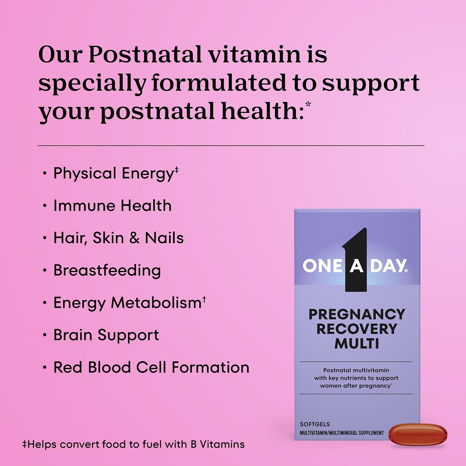 One A Day Postnatal Vitamins for Women, Postnatal Multivitamin with Folic Acid, Omega-3 DHA, B Vitamins, Support Immune Health, Breastfeeding, Post Partum Essential Nutrients for Women, 60 Ct - Image 2