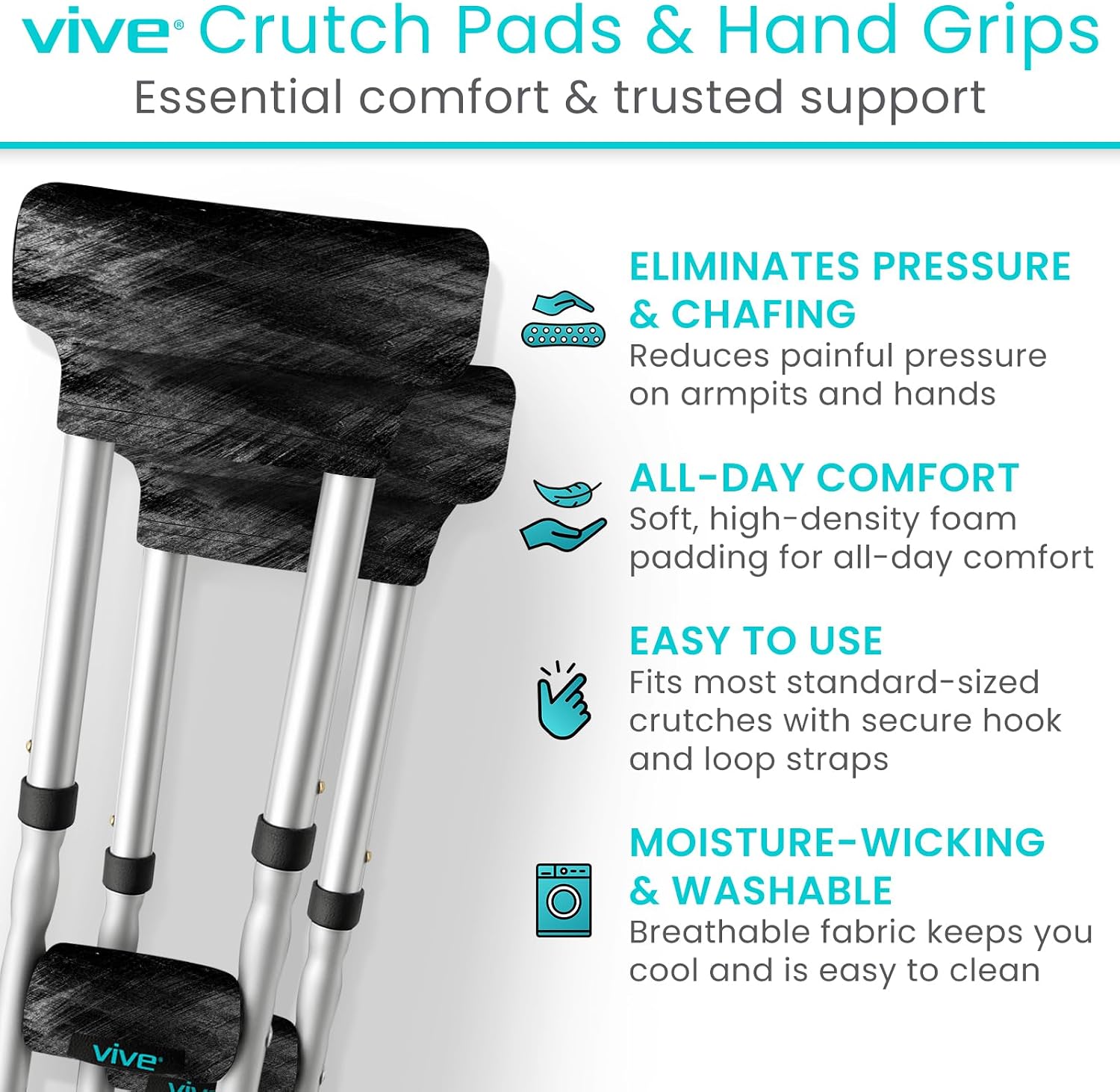 Vive Premium Crutch Pads & Hand Grips - Comfortable, Breathable | Machine Washable Padding - Moisture Wicking & Odor Reducing Pillow Accessory Covers for Adult & Youth Walking Crutches - Image 2