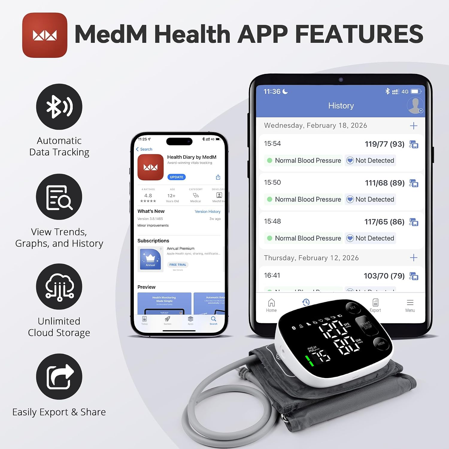 Oklar Blood Pressure Monitor Bluetooth Upper Arm BP Machine for Home Use | FDA-Cleared, Clinical Accuracy, App Sync, 2x120 Memory, Large LED Backlit Display, 8.7-16.5" Adjustable Cuff with Storage Bag - Image 4