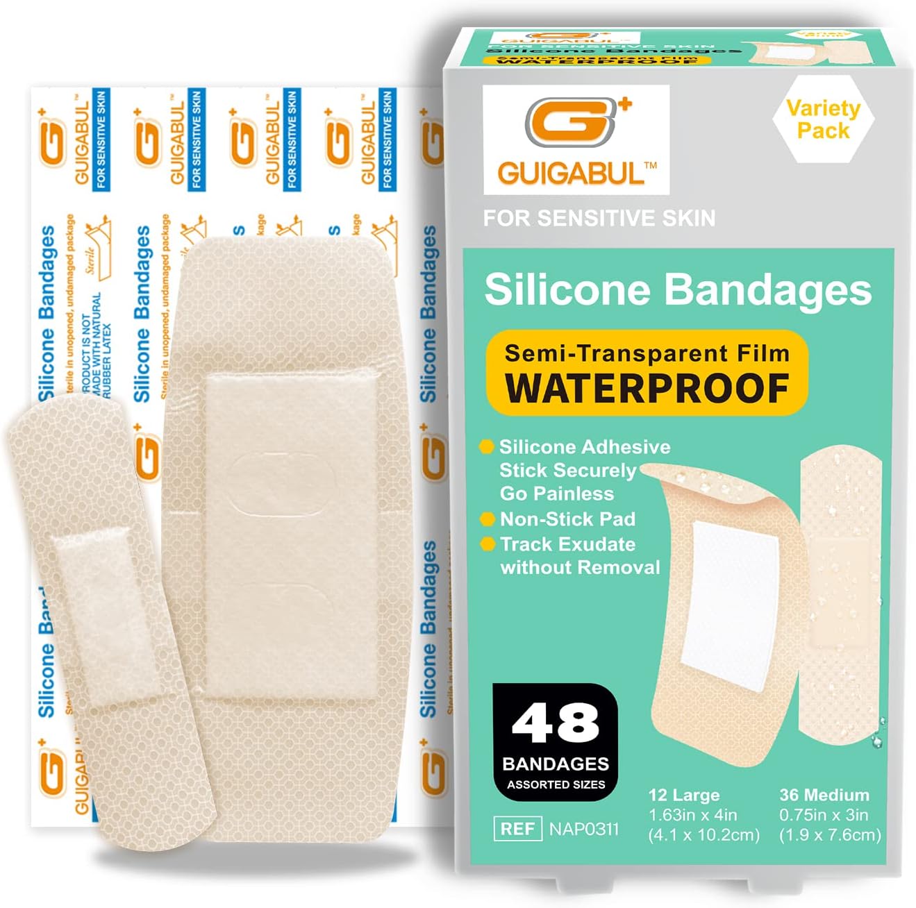 Waterproof Silicone Bandages for Sensitive Skin Variety Pack | 48 Counts Painless Removal Hypoallergenic Latex Free 0.75"x3" (36 Counts) and 1.63"x4" (12 Counts)