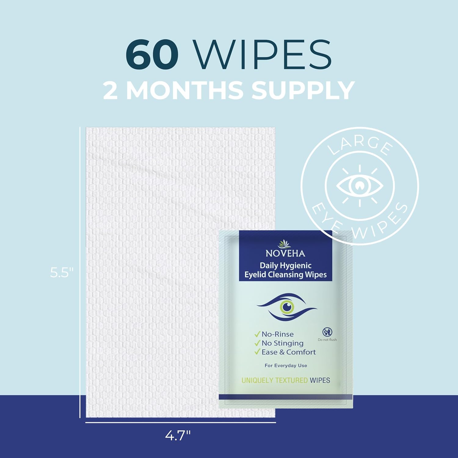 NOVEHA 60PCs Daily Hygienic Eyelid & Lash Wipes | For Blepharitis & Itchy Eyes, Demodex | Individually Wrapped Refreshening Eyelid Wipes, Natural Makeup Remover & Calming Moisturizer - Image 5