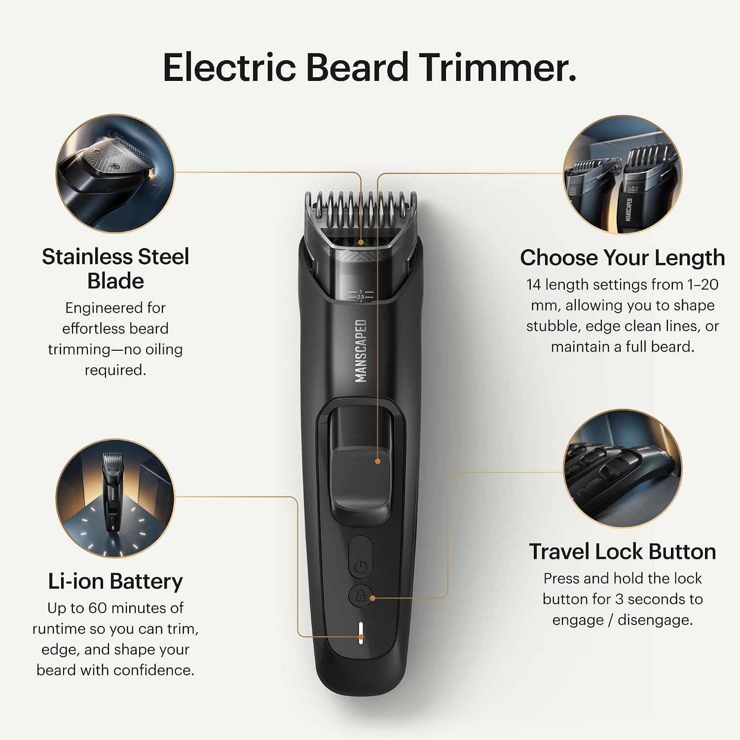 MANSCAPED® The Beard Hedger® PLUS, Men's Adjustable Beard & Mustache Trimmer with 14 Length Settings (1–20mm), Stainless Steel Blade, Waterproof Cordless Grooming, Travel Lock, USB-C Rechargeable - Image 2