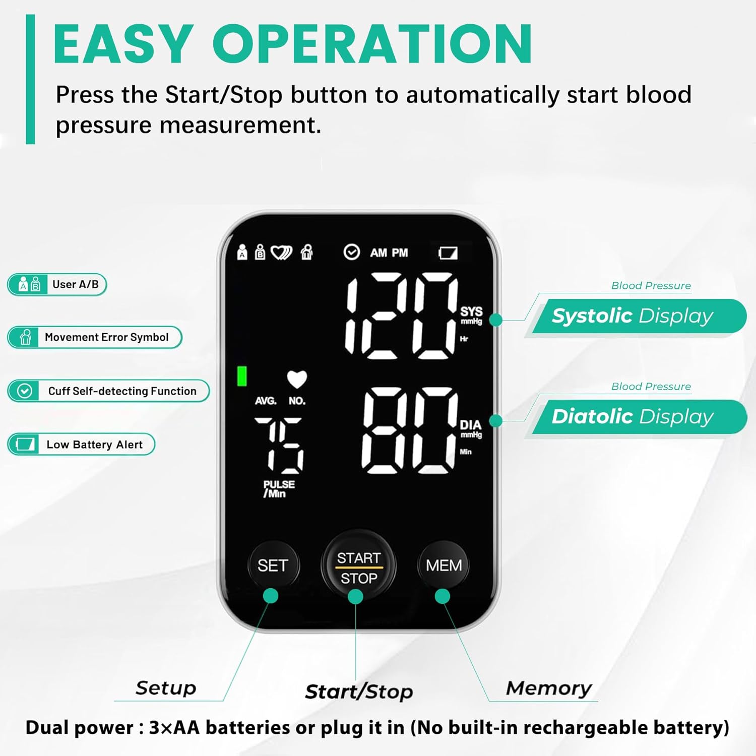 Oklar FDA Cleared Blood Pressure Monitor Upper Arm BP Machine for Home Use | Clinical Accuracy, 2x120 Memory, Large LED Display & 8.7"-15.7" Adjustable Cuff, Dual Power for Home & Travel, Black - Image 3